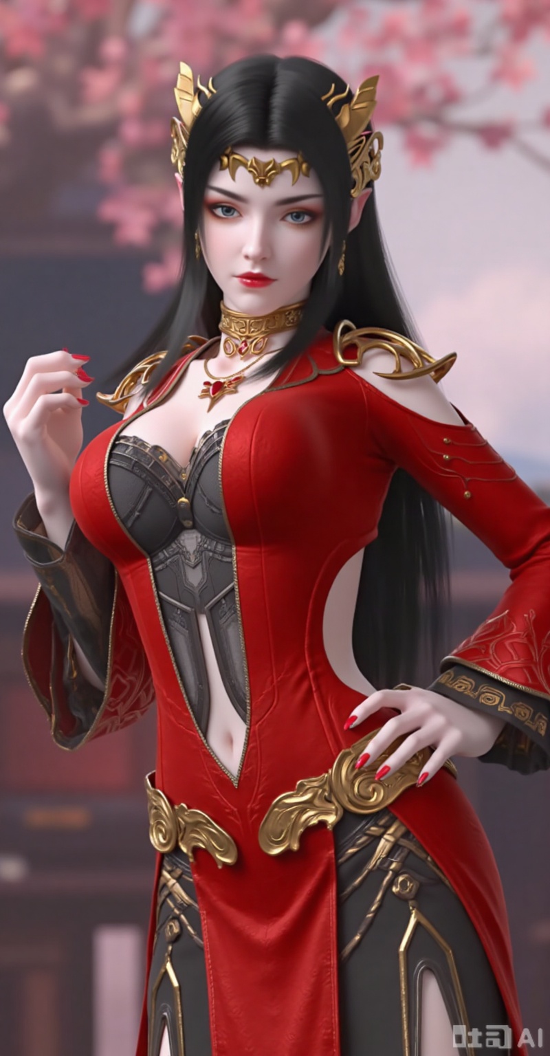 1girl, solo, long hair, breasts, looking at viewer, blue eyes, large breasts, black hair, hair ornament, dress, jewelry, earrings, pointy ears, necklace, blurry, hand on hip, clothing cutout, blurry background, red dress, red nails, red lips,
meidusha,lvjing,