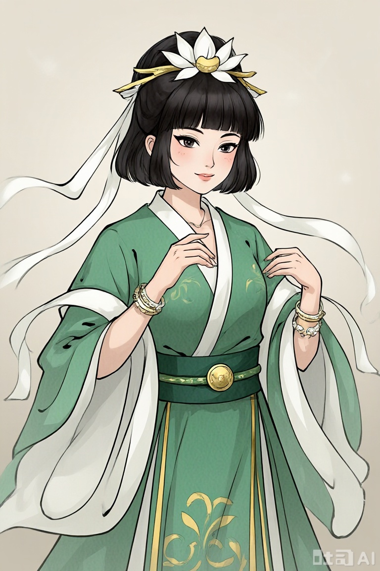 A beautiful Oriental woman in green traditional dress. She has black hair and pink cheeks, and wears a lotus ornament on her head. Her dress had gold patterns and was fitted with a green belt with a gold button. Over her shoulders and arms, white fabric hung like ribbons. She also wears a bracelet on her left wrist to add some sparkle. Overall, the character has a sense of elegance and classical beauty