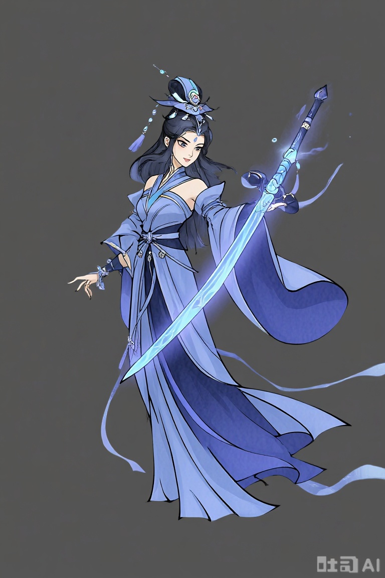 An Oriental female character in blue costume. She stood on her side holding a long sword, which glowed blue-purple and looked very powerful. Her dress was flowy and ornate, and she wore a hat adorned with tassels and jewels. The whole picture is dominated by a grey background, highlighting the presence of the characters