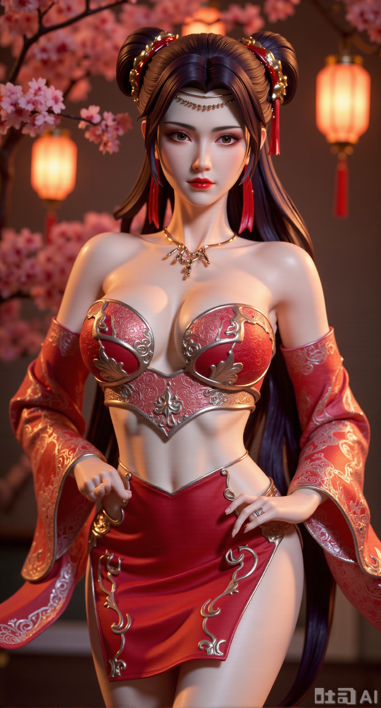 SFW,(masterpiece,best quality:1.23)Half - body PVC figurine of a Chinese - style comic goddess. Round face is playful, big eyes are bright and innocent, curved eyebrows are agile. Brown hair in double ponytails, tied with red bows. Wearing a red modified cheongsam, embroidered with golden koi fish, lively and agile. Rich details, bright colors. Blurred background shows red plums blooming in the courtyard, lanterns hanging high, full of traditional Chinese - style joy,(huge breasts, full breasts:2.68),Xbaozhiyinhuaqun,Xlonger,Xxiaoli,Xtangheziqun,Xyunyunshouban