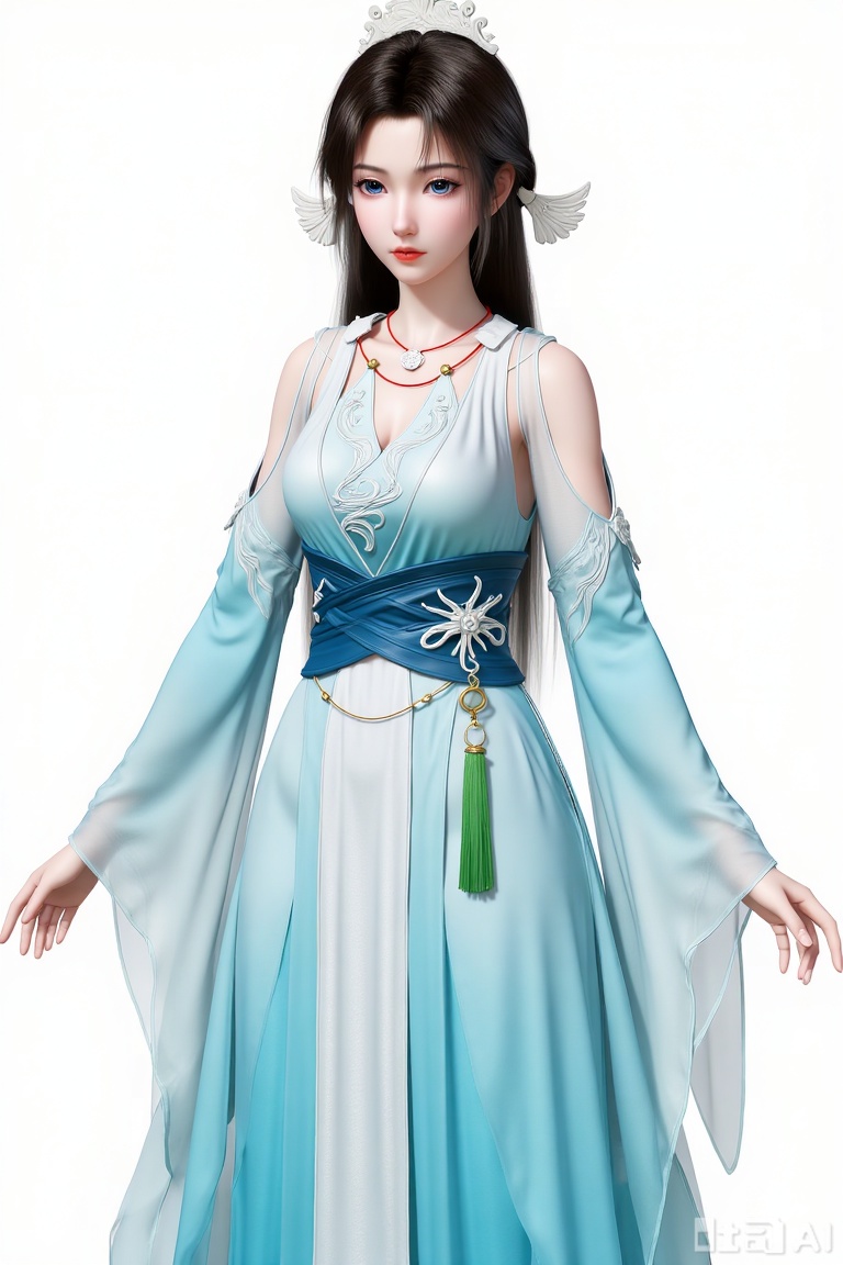 1girl, SY, She is dressed in a flowing, light blue and white gown that appears to be made of delicate fabric, with intricate patterns and a green pendant hanging from her waist. Her attire is complemented by a necklace and a headpiece adorned with white, leaf-like designs. Her hair is long and dark, styled with two white, wing-like accessories.