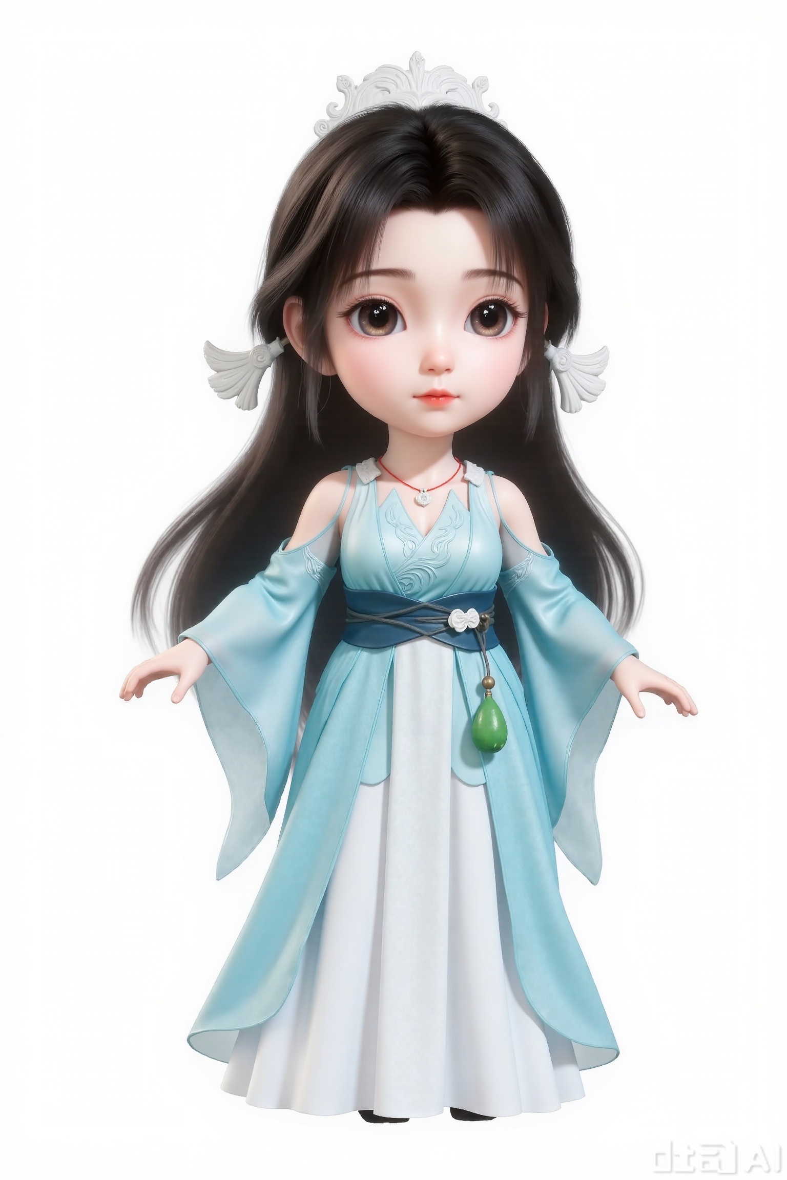 1girl, chibi, cute, little girl, SY, 3D, She is dressed in a flowing, light blue and white gown that appears to be made of delicate fabric, with intricate patterns and a green pendant hanging from her waist. Her attire is complemented by a necklace and a headpiece adorned with white, leaf-like designs. Her hair is long and dark, styled with two white, wing-like accessories.