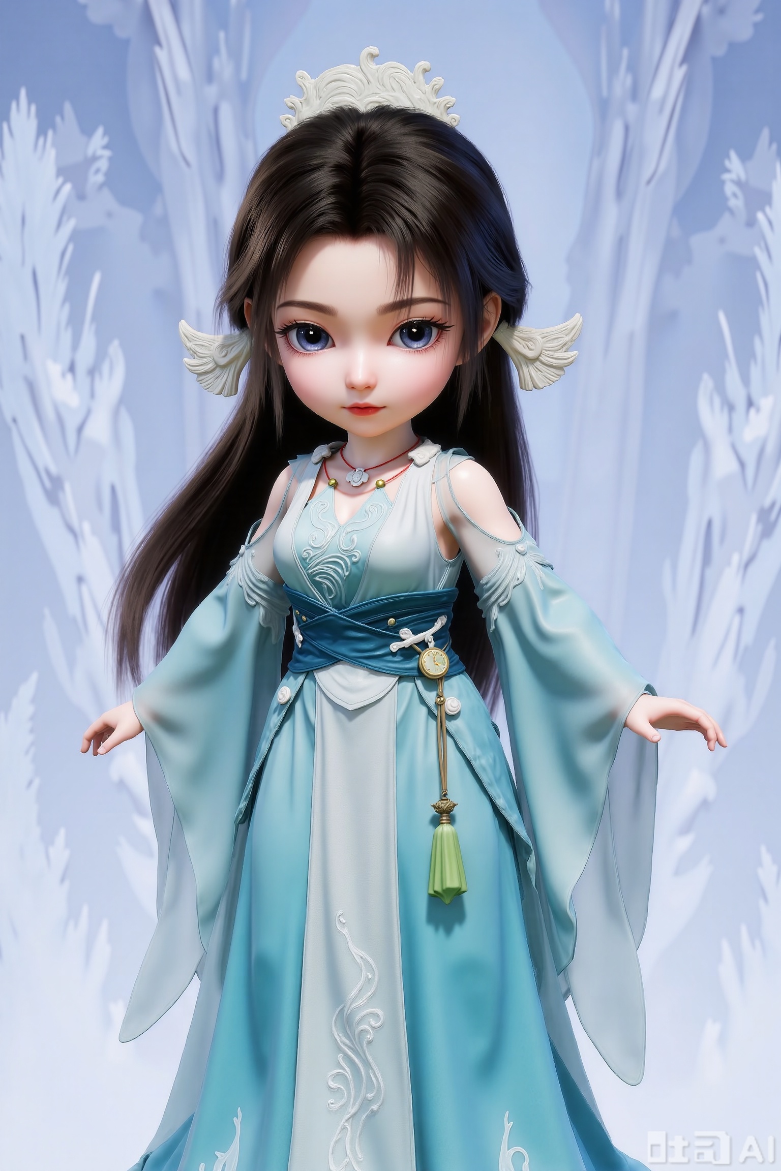 1girl, chibi, cute, little girl, SY, 3D, She is dressed in a flowing, light blue and white gown that appears to be made of delicate fabric, with intricate patterns and a green pendant hanging from her waist. Her attire is complemented by a necklace and a headpiece adorned with white, leaf-like designs. Her hair is long and dark, styled with two white, wing-like accessories.