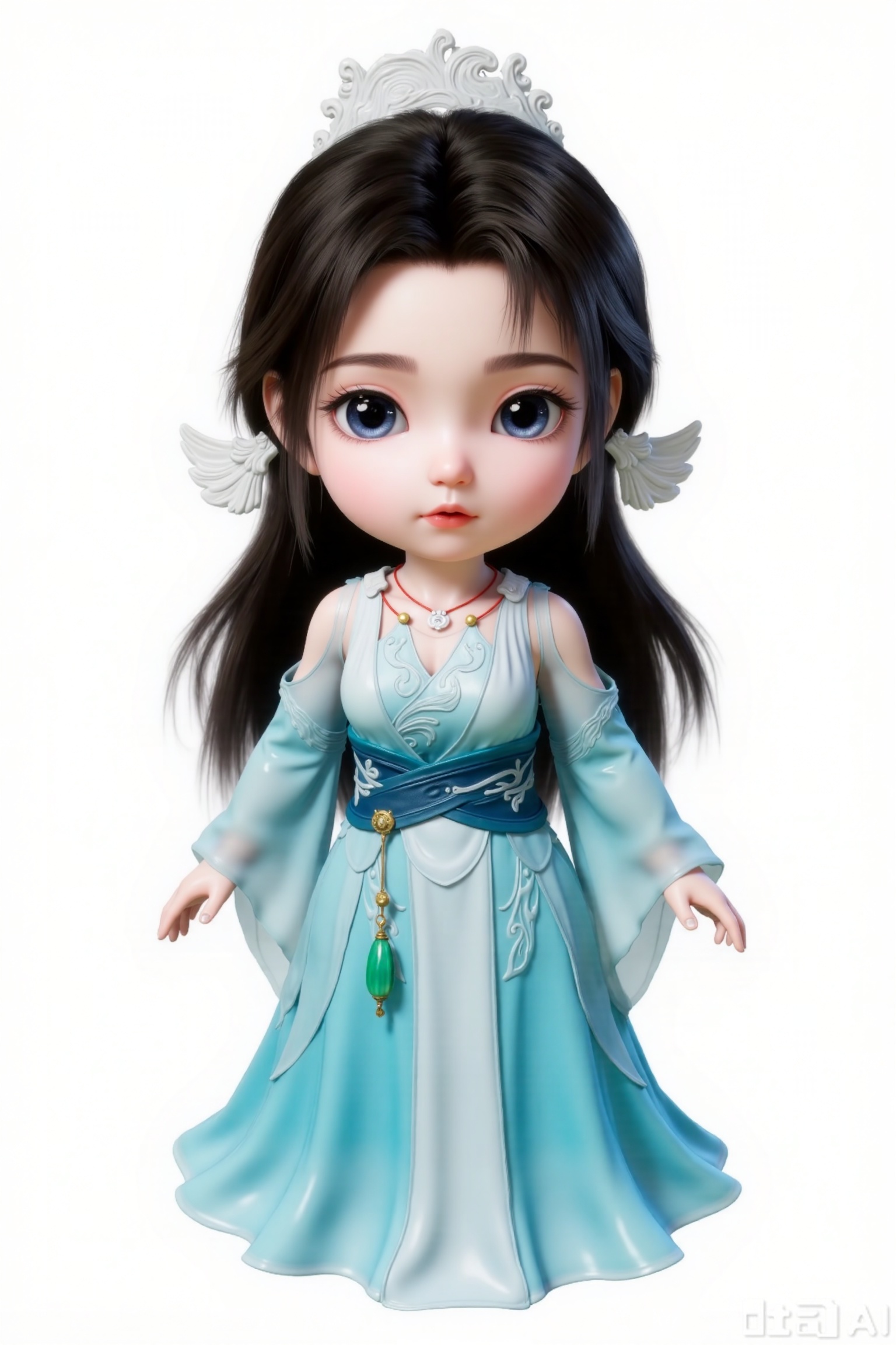 1girl, chibi, cute, little girl, SY, 3D, She is dressed in a flowing, light blue and white gown that appears to be made of delicate fabric, with intricate patterns and a green pendant hanging from her waist. Her attire is complemented by a necklace and a headpiece adorned with white, leaf-like designs. Her hair is long and dark, styled with two white, wing-like accessories.