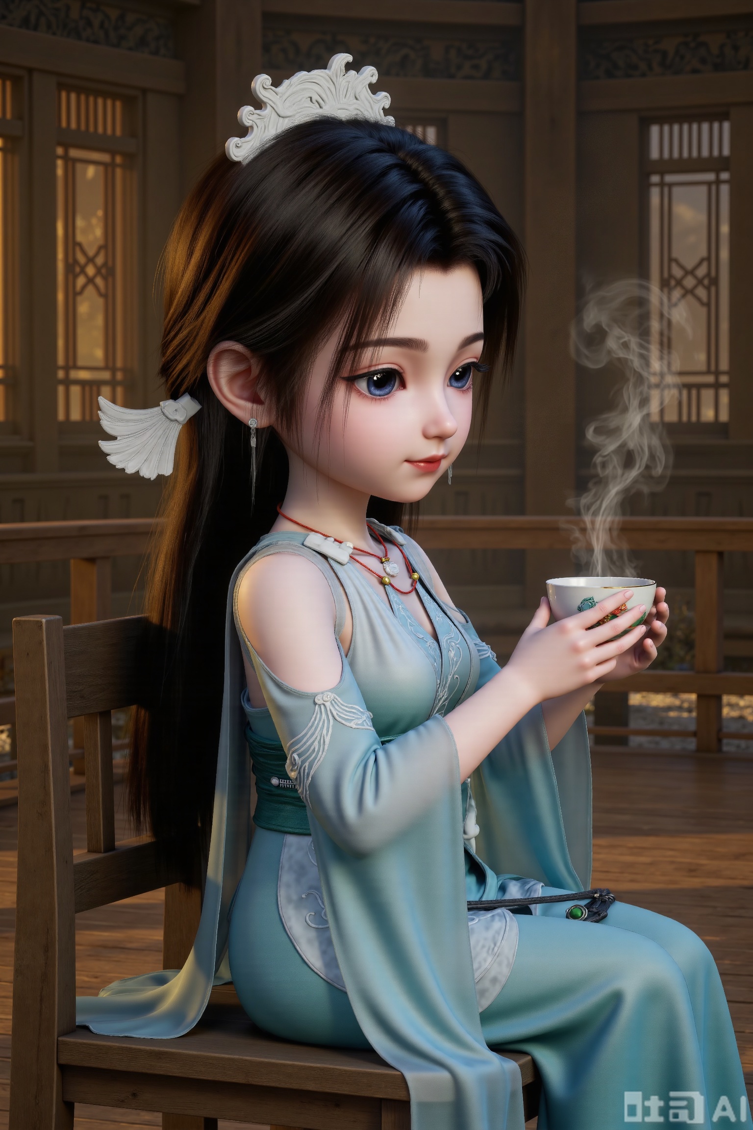 1girl, chibi, cute, little girl, SY, 3D, She is dressed in a flowing, light blue and white gown that appears to be made of delicate fabric, with intricate patterns and a green pendant hanging from her waist. Her attire is complemented by a necklace and a headpiece adorned with white, leaf-like designs. Her hair is long and dark, styled with two white, wing-like accessories.From a side view, inside a Chinese ancient building, a girl is sitting on a wooden chair, holding a teacup with both hands. The teacup is emitting smoke, and the girl is smiling