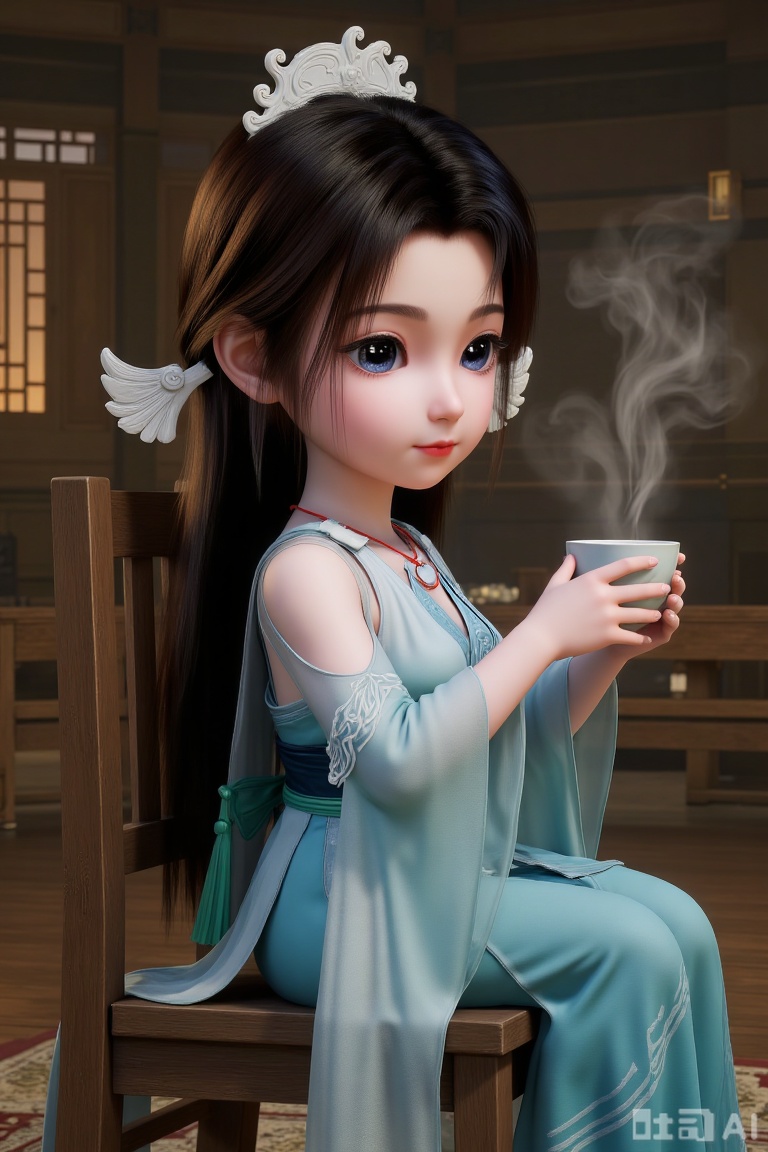 1girl, chibi, cute, little girl, SY, 3D, She is dressed in a flowing, light blue and white gown that appears to be made of delicate fabric, with intricate patterns and a green pendant hanging from her waist. Her attire is complemented by a necklace and a headpiece adorned with white, leaf-like designs. Her hair is long and dark, styled with two white, wing-like accessories.From a side view, inside a Chinese ancient building, a girl is sitting on a wooden chair, holding a teacup with both hands. The teacup is emitting smoke, and the girl is smiling