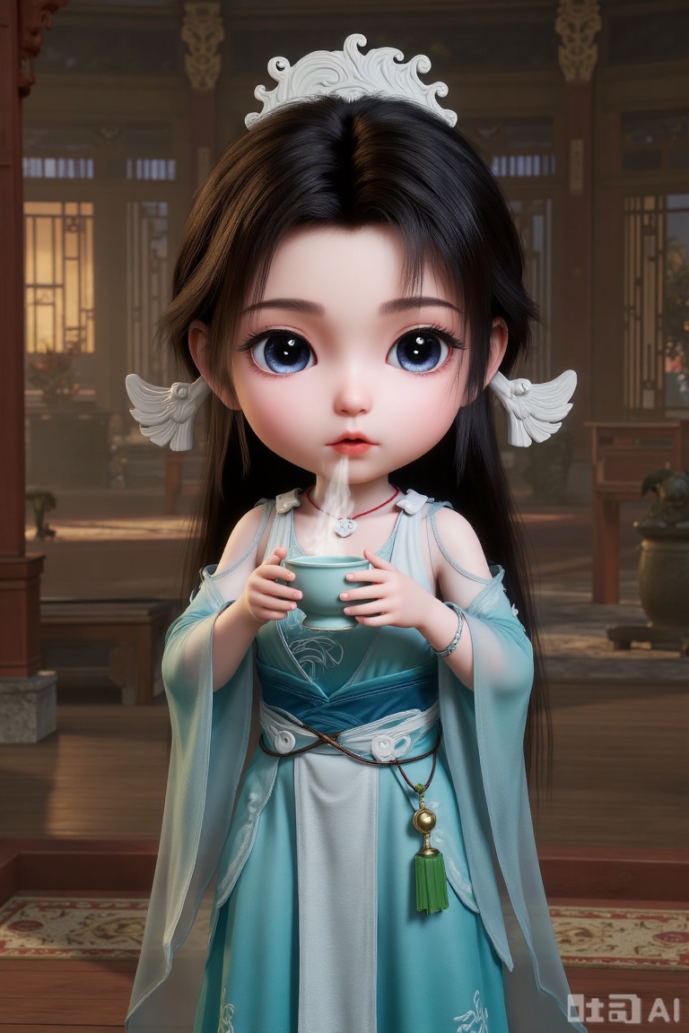 1girl, chibi, cute, little girl, SY, 3D, She is dressed in a flowing, light blue and white gown that appears to be made of delicate fabric, with intricate patterns and a green pendant hanging from her waist. Her attire is complemented by a necklace and a headpiece adorned with white, leaf-like designs. Her hair is long and dark, styled with two white, wing-like accessories.In the ancient Chinese architectural house, holding tea cups with both hands, the tea cups were emitting smoke, and the girl used her mouth to blow away the heat of the tea