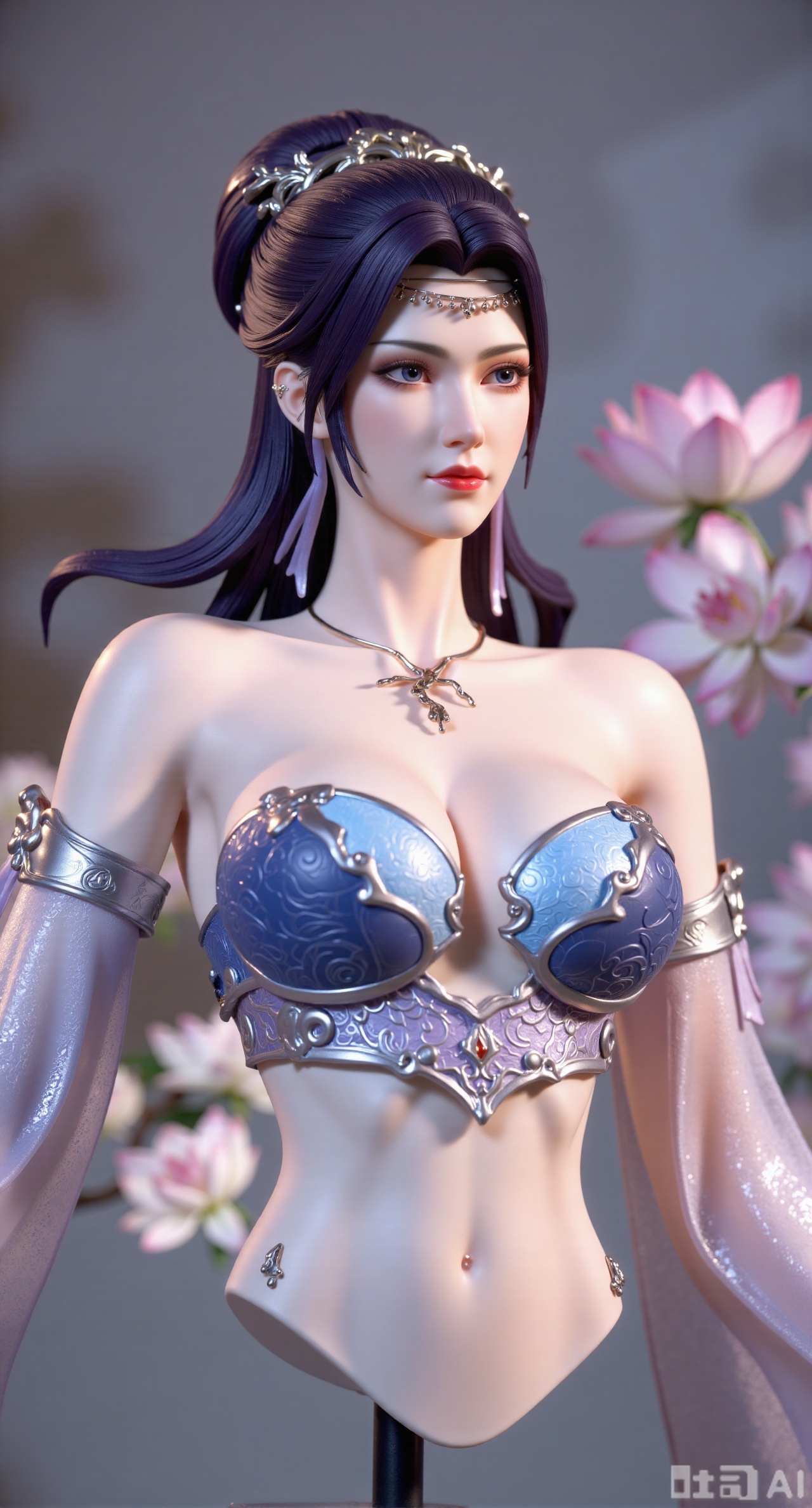 SFW,(masterpiece,best quality:1.23),Guoman goddess bust PVC figure, gentle smile, silk textured clothing with floral and bird patterns, perfect body, blurred background, blooming lotus pond national style background, soft natural light, peaceful and beautiful.(huge breasts, full breasts:2.34),,XyunxiaoYK,Xlonger2,XjiziyeuX2,Xmeifei2,Xtanghezi,XyunyunPVC