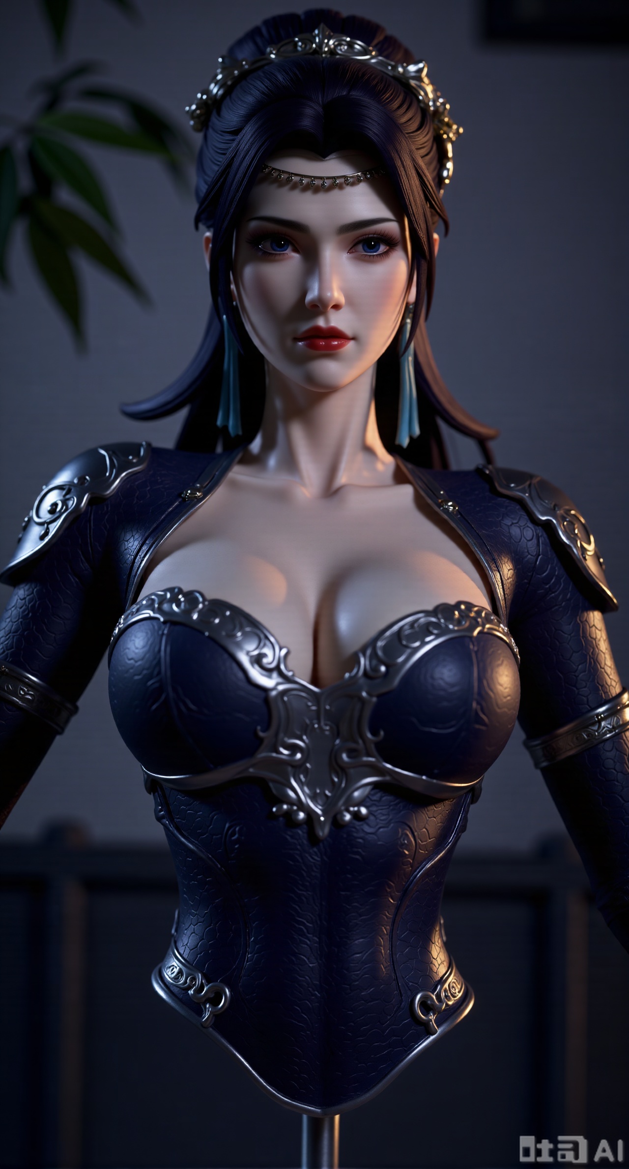 SFW,(masterpiece,best quality:1.23),Guoman goddess bust PVC figure, cool and dominant vibe, black strong suit, with subtle glow at the edges, perfect body, blurred background, mysterious bamboo forest moonlit night national style background, cool-toned lighting, cool style.(huge breasts, full breasts:2.34),,XyunxiaoYK,Xlonger2,XjiziyeuX2,Xmeifei2,Xtanghezi,XyunyunPVC