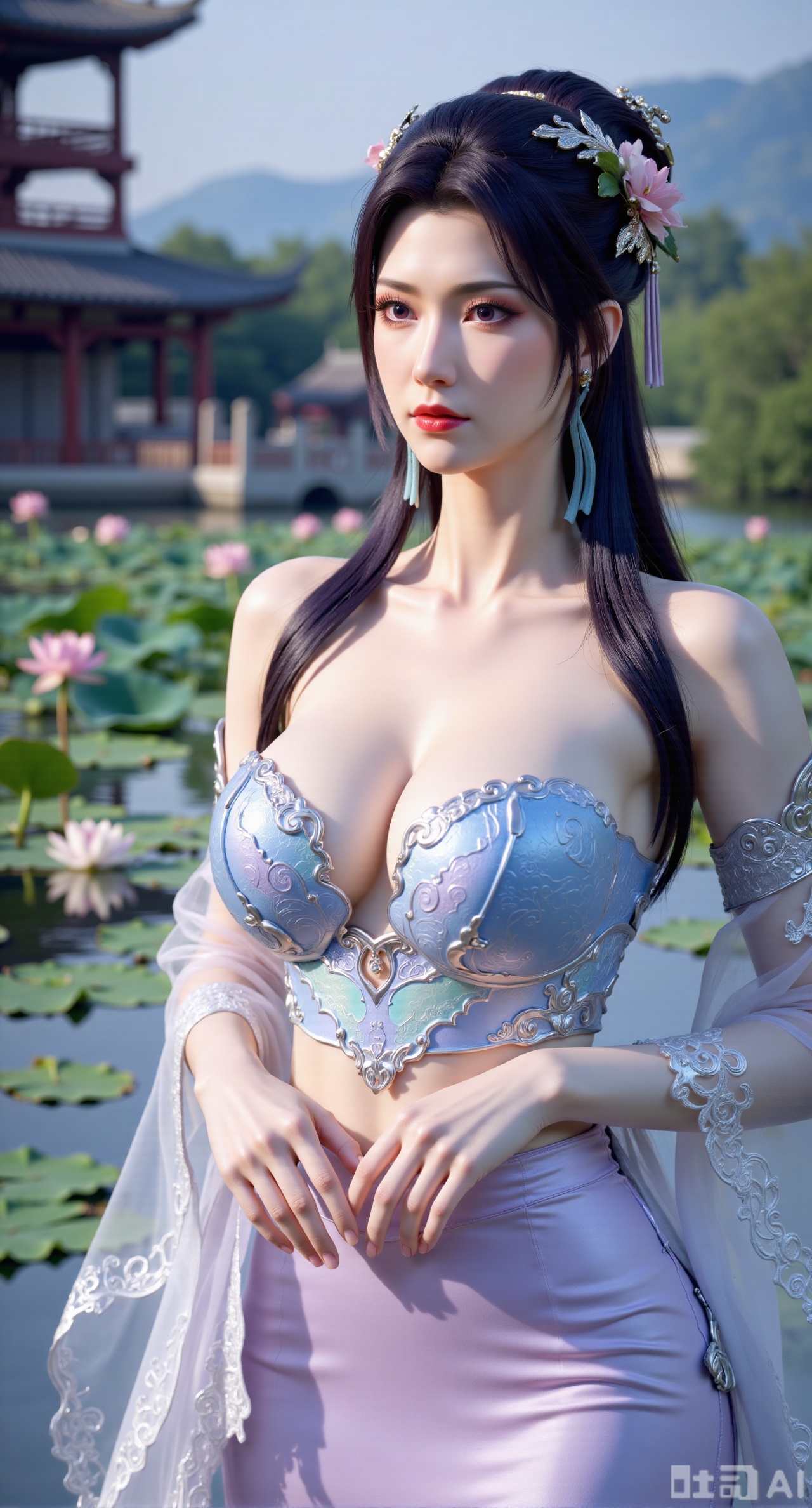 (masterpiece, best quality:1.2),1girl, navel, solo, midriff, bare shoulders, hair ornament, flower, hair flower, black hair, red lips,BREAK, (looking at viewer:1.39), chinese clothes,(Holographic long dress:1.39), (lace,Rainbow Gradient Color:1.29),BREAK,purple eyes,blurry, solo focus, long hair, lips, daytime, lipstick, outdoors, (upper body,,Long legs:1.29), blurry,(huge breasts,full breasts:2.41), background, 1girl, makeup, hair bun,(Blue sky:1.39),(Suzhou Garden Lotus Pond,lotus,Lotus Leaf:1.39),(huge breasts:2.99),(full breasts:2.99),(Background with traditional Chinese architecture, lotus pond and lotus flowers:1.39),XyunxiaoYK,Xlonger2,XjiziyeuX2,Xmeifei2,Xtanghezi,XyunyunPVC