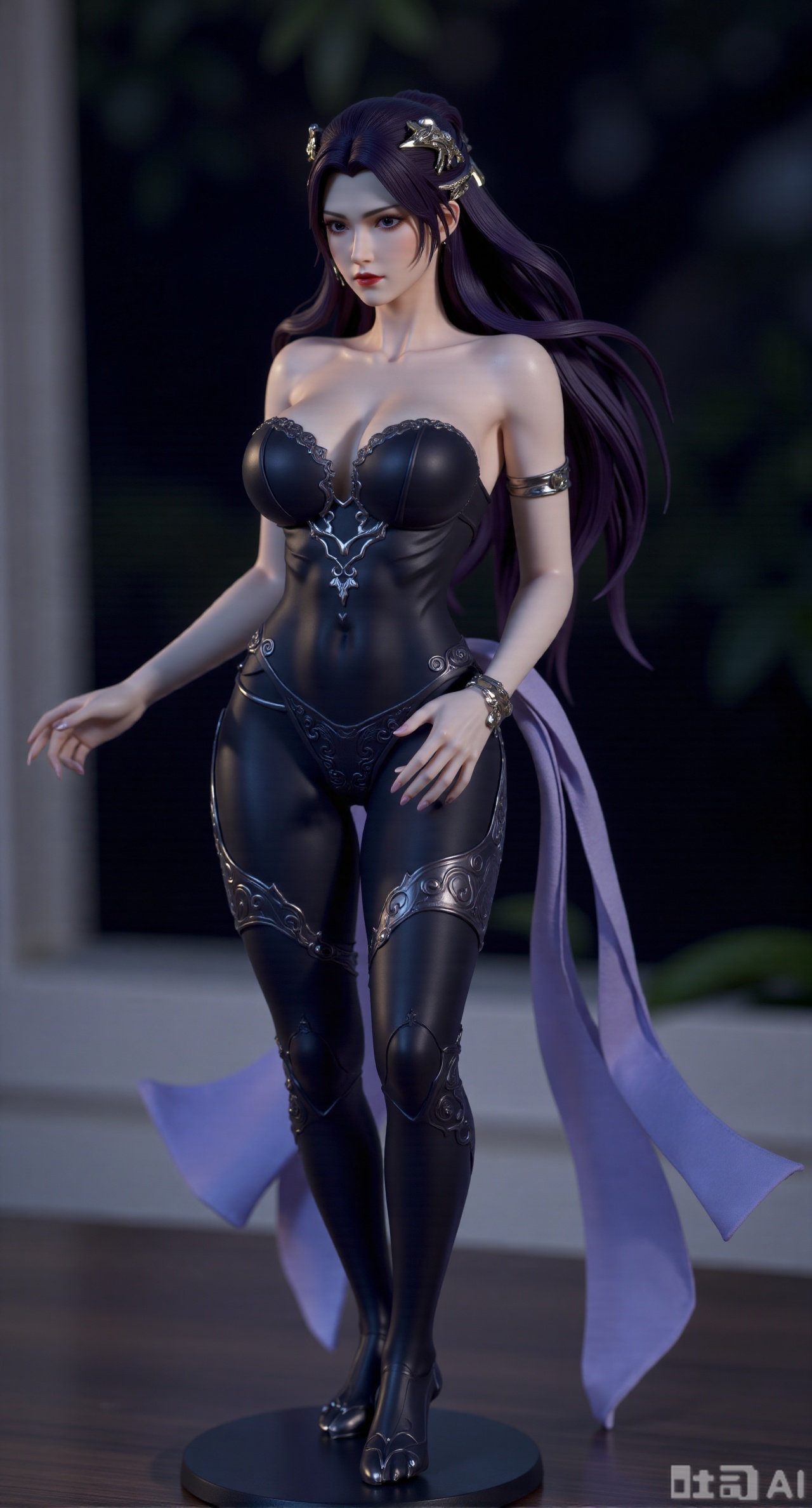 SFW,(masterpiece,best quality:1.23),Guoman goddess bust PVC figure, cool and dominant vibe, black strong suit, with subtle glow at the edges, perfect body, blurred background, mysterious bamboo forest moonlit night national style background, cool-toned lighting, cool style.(huge breasts, full breasts:2.34),,XyunxiaoYK,Xlonger2,XjiziyeuX2,Xmeifei2,Xtanghezi,XyunyunPVC