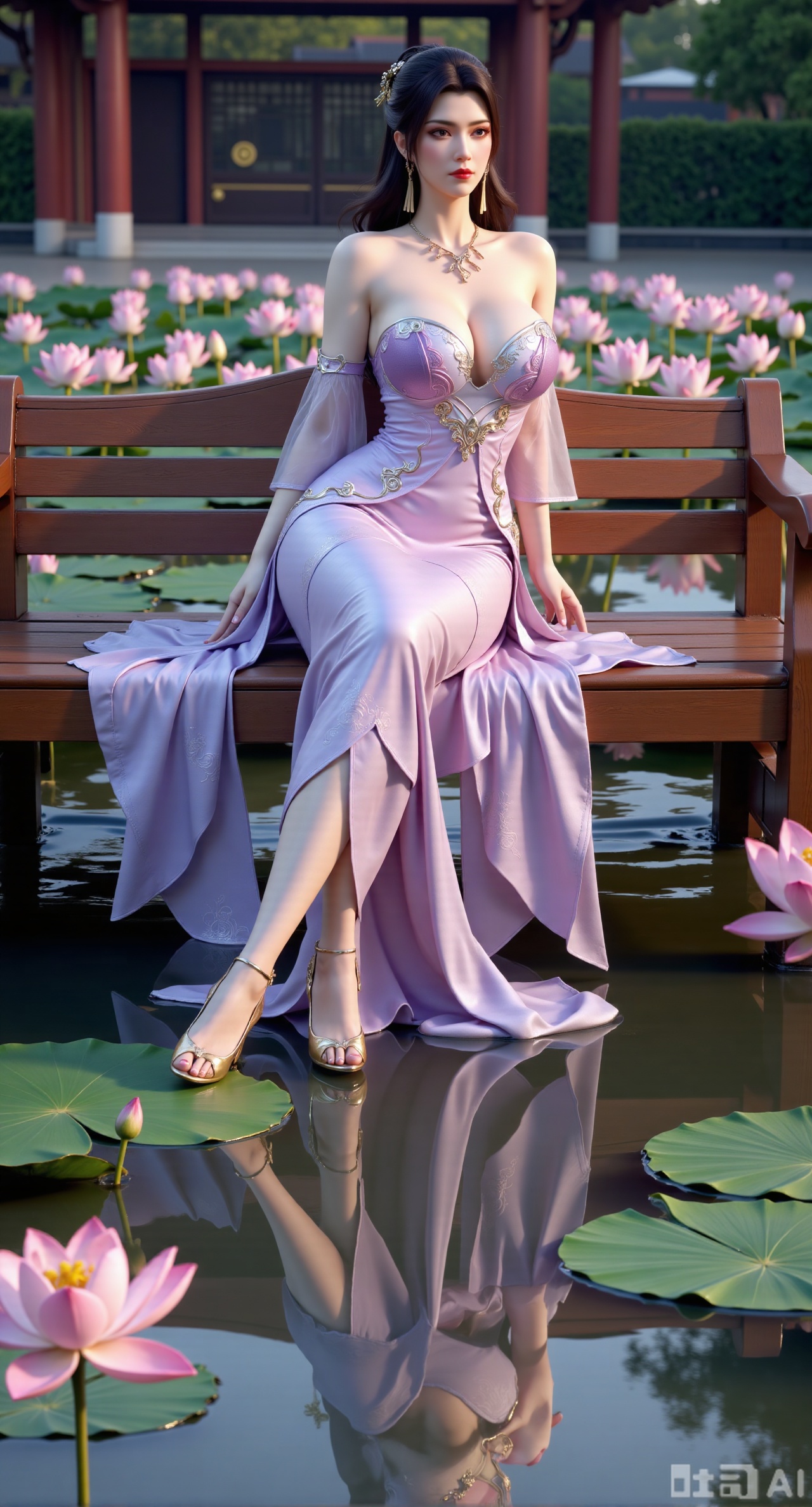 (masterpiece:1.2),best quality,The image is a digital illustration of a young woman sitting on a wooden bench in a pond with lily pads. She is wearing a long dress with design on the chest and sleeves. The dress has a high neckline and short sleeves,Holding a lotus in hand. She has long dark hair styled in loose waves and is wearing gold high heels. The woman is posing with one hand on her hip and the other resting on the edge of the bench. The background is filled with pink and white lotus flowers and green leaves. The overall mood of the image is peaceful and serene,(huge breasts:2.99),(full breasts:2.99),(Background with traditional Chinese architecture, lotus pond and pink lotus flowers:1.39),,XyunxiaoYK,Xlonger2,XjiziyeuX2,Xmeifei2,Xtanghezi,XyunyunPVC