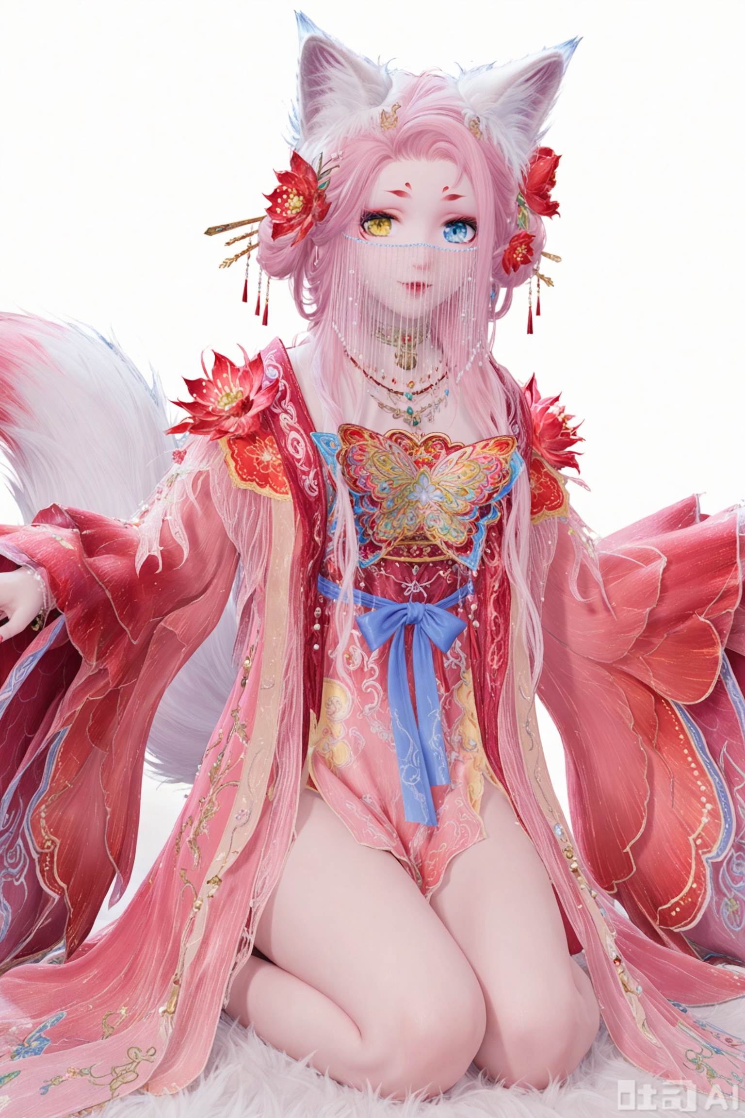 1girl, solo, long hair, looking at viewer, blue eyes, hair ornament, long sleeves, dress, ribbon, animal ears, jewelry, tail, yellow eyes, pink hair, flower, cowboy shot, hair flower, necklace, animal ear fluff, see-through, fox ears, fox tail, heterochromia, facial mark, floral print, fox girl, veil, beads, shawl, hair stick, hanfu,white background,sitting,leg_spread,feet,