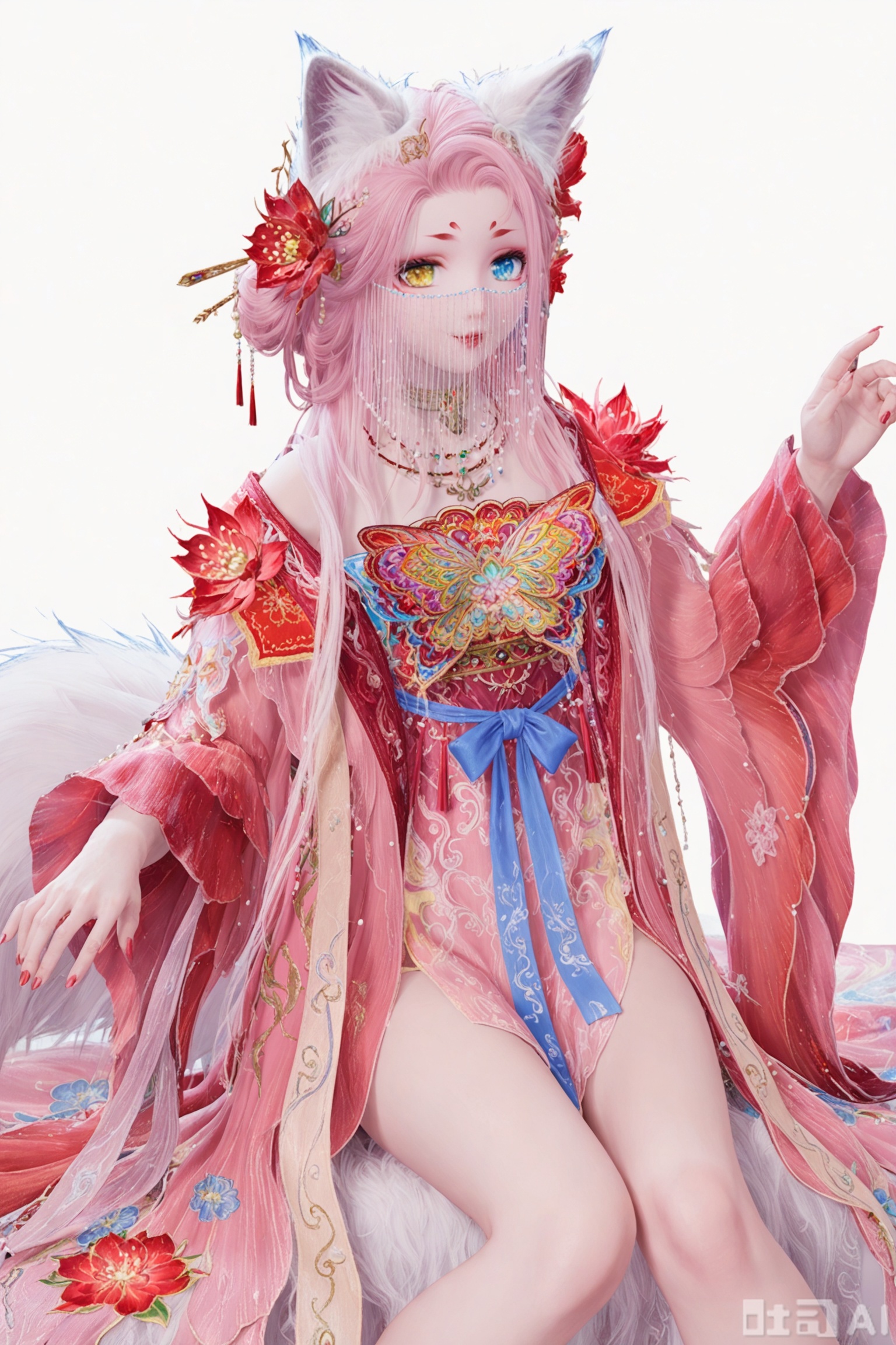 1girl, solo, long hair, looking at viewer, blue eyes, hair ornament, long sleeves, dress, ribbon, animal ears, jewelry, tail, yellow eyes, pink hair, flower, cowboy shot, hair flower, necklace, animal ear fluff, see-through, fox ears, fox tail, heterochromia, facial mark, floral print, fox girl, veil, beads, shawl, hair stick, hanfu,white background,sitting,leg_spread,feet,holding