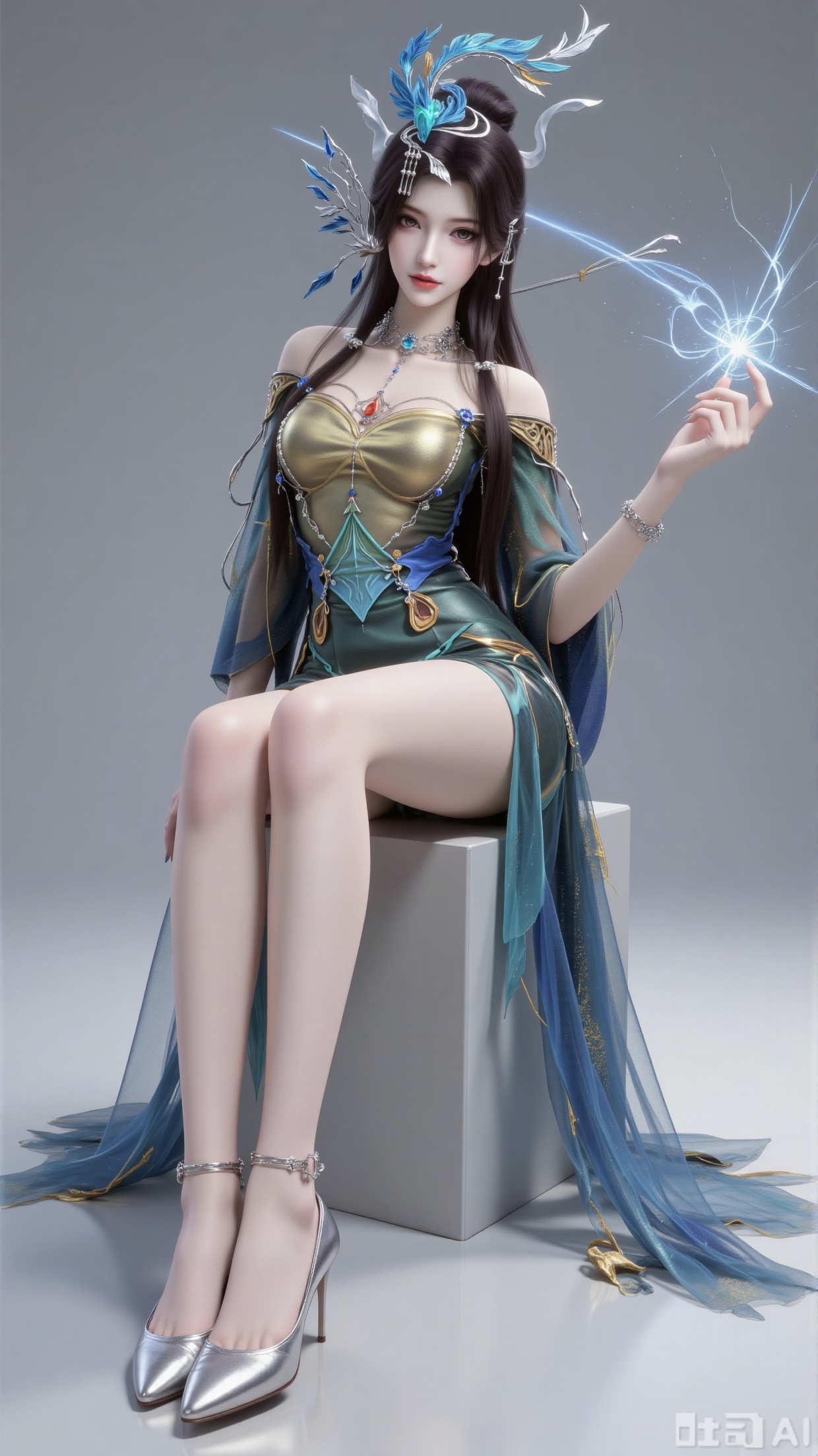 
3d_char_lmw

1girl

solo

long hair

brown hair

hair ornament

dress

bare shoulders

jewelry

full body

necklace

high heels

bare legs

blue dress

green dress

forehead mark

light

3D rendering

realistic character

detailed texture

smooth shading