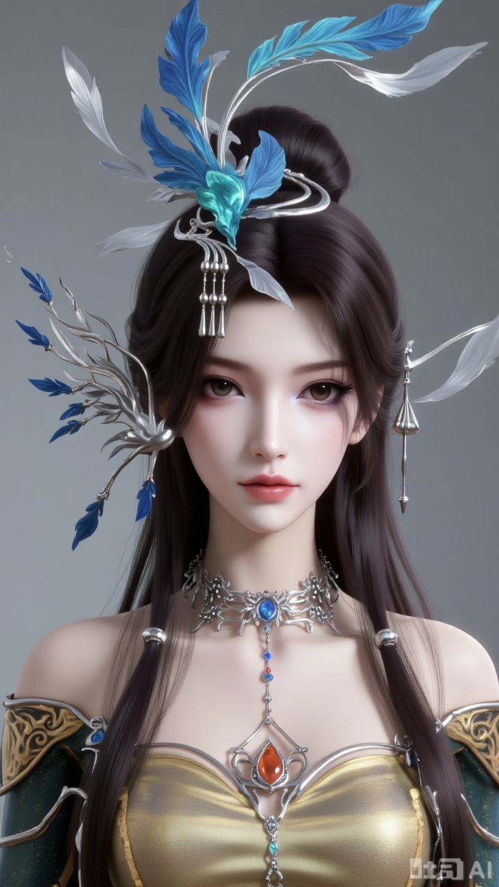 
3d_char_lmw

1girl

solo

long hair

looking at viewer

brown hair

hair ornament

dress

bare shoulders

jewelry

closed mouth

upper body

necklace

hair bun

facial mark

expressionless

single hair bun

feathers

3D rendering

realistic character

detailed texture

smooth shading