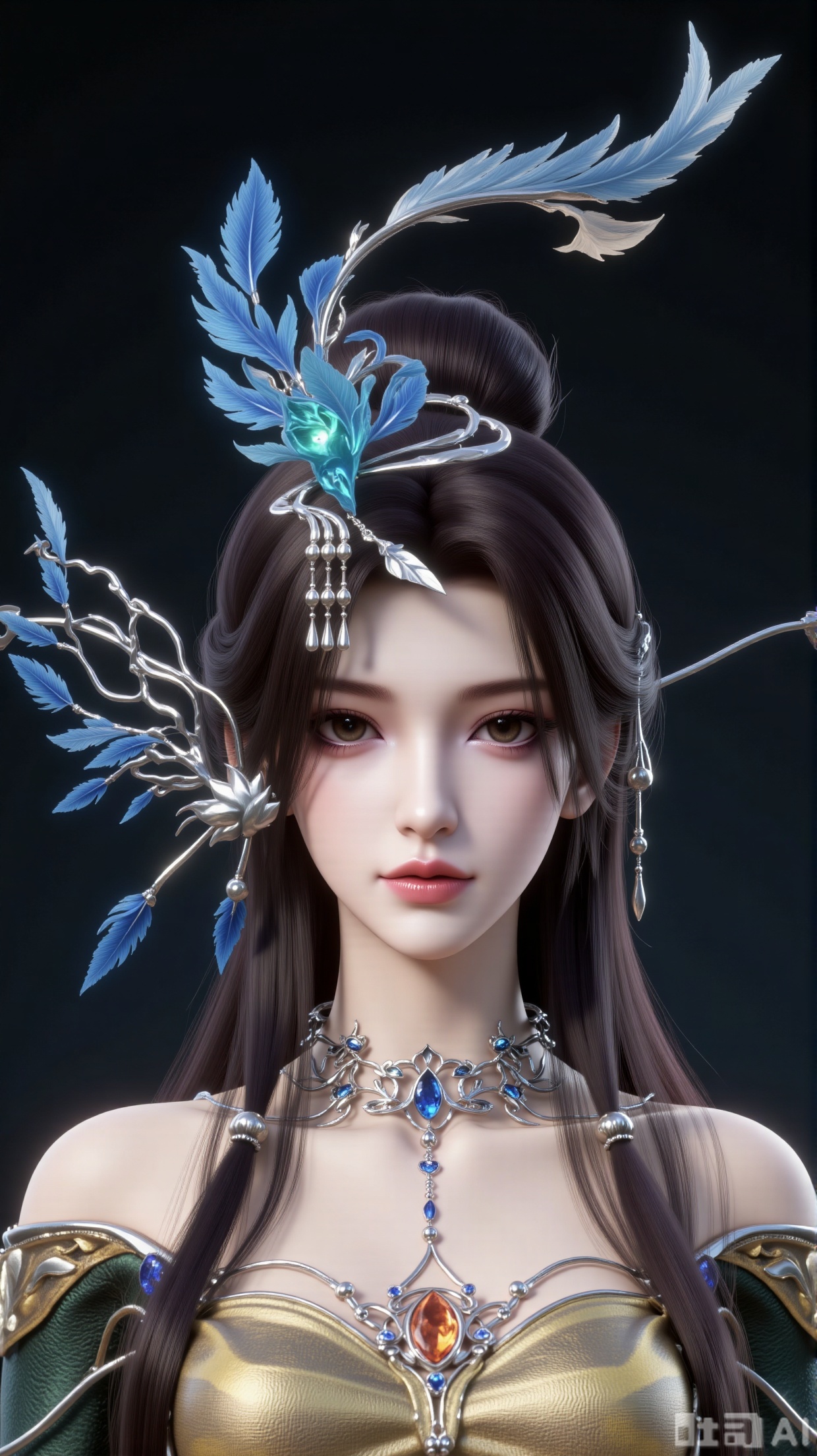 
3d_char_lmw

1girl

solo

long hair

looking at viewer

brown hair

hair ornament

dress

bare shoulders

jewelry

closed mouth

upper body

necklace

hair bun

facial mark

expressionless

single hair bun

feathers

3D rendering

realistic character

detailed texture

smooth shading