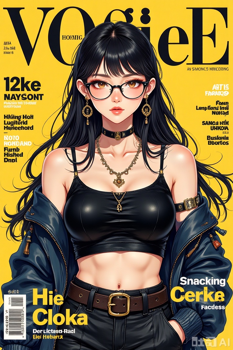 A girl with long hair and bangs, wearing glasses and earrings, poses for a magazine cover with a yellow background. She wears a crop top, long sleeves, and a coat, with a belt and jewelry. Her brown eyes look directly at the audience, with English words and a barcode visible on the writing cover. Makeup enhances her lips and face, with dramatic lighting and centered framing.