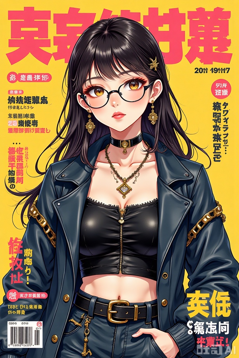 Girl album cover, bangs, barcode, belt, brown eyes, clothes, writing cover, crop top, earrings, English words, glasses, coat, jewelry, lips, long sleeves, looking at the audience, magazine cover, makeup, long hair, yellow background