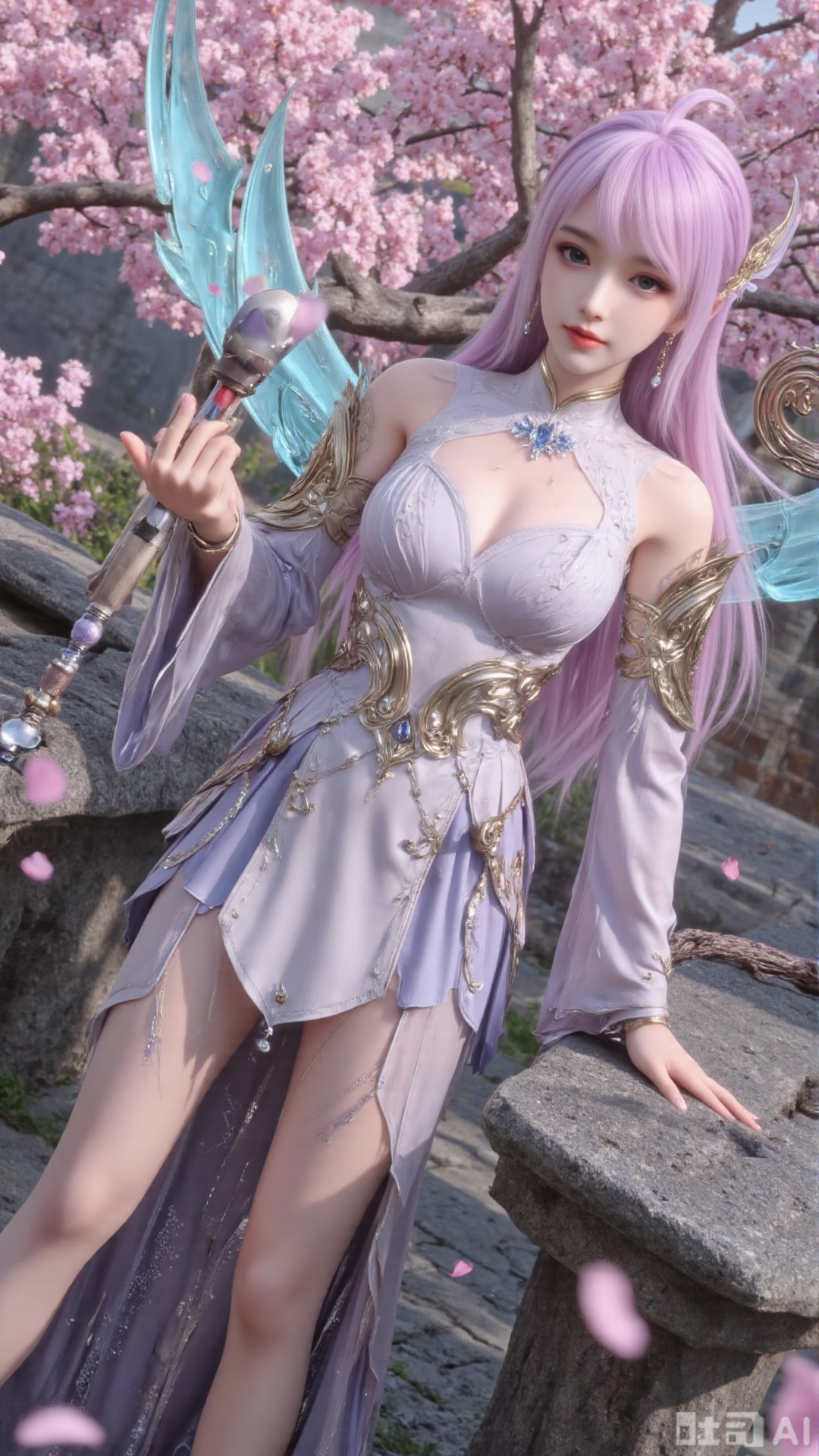 1girl, long hair, solo, dress, hair bun, hair ornament, mischevious smile, perfect body, scenery, sharp focus, best quality, masterpiece, detailed outfit, illustration, perfect eyes, finely detailed beautiful anime eyes, realistic skin, intricate details, best lighting, depth of field, ultra high resolution, sitting