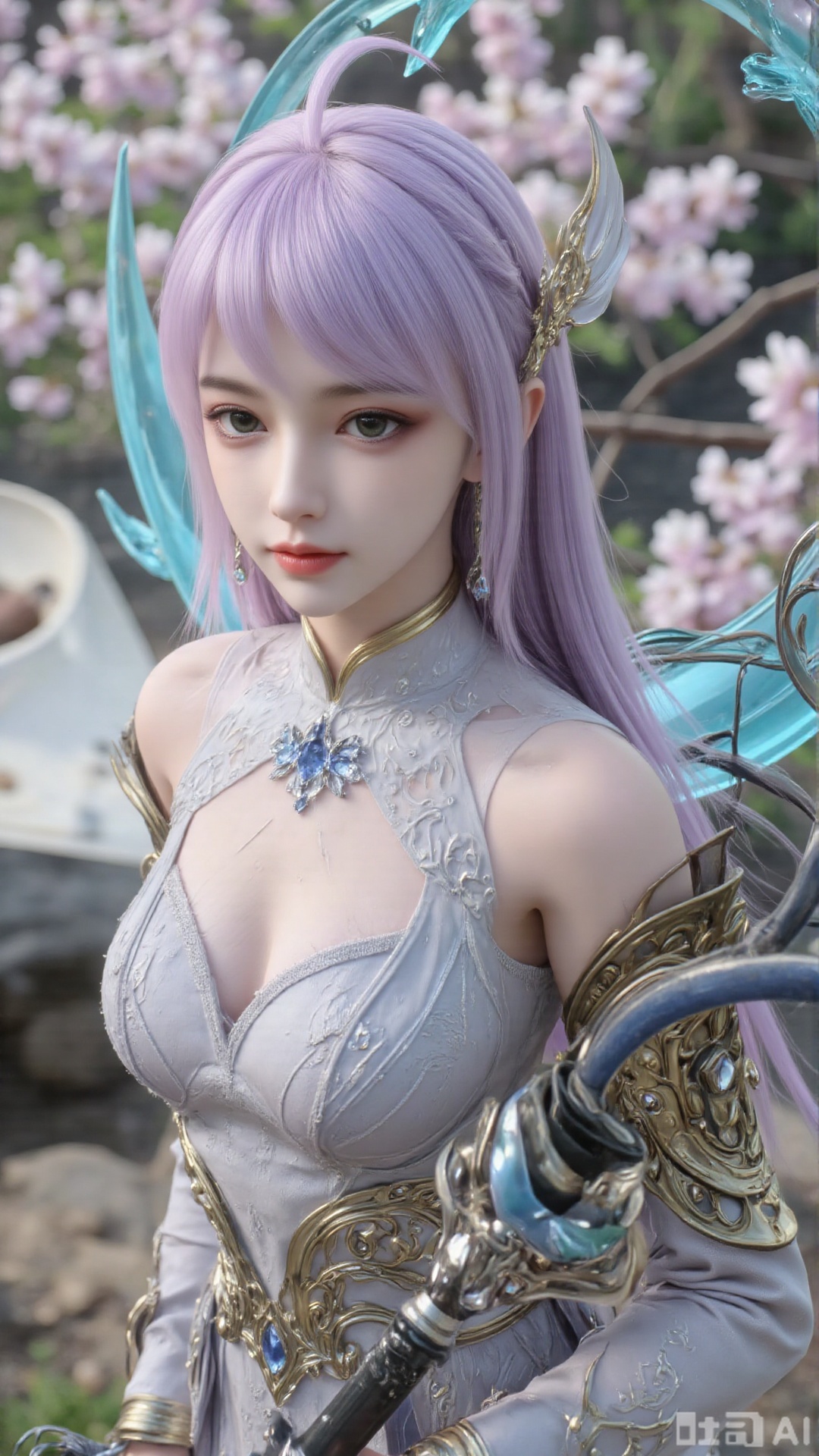 1girl, long hair, solo, dress, hair bun, hair ornament, mischevious smile, perfect body, scenery, sharp focus, best quality, masterpiece, detailed outfit, illustration, perfect eyes, finely detailed beautiful anime eyes, realistic skin, intricate details, best lighting, depth of field, ultra high resolution, sitting