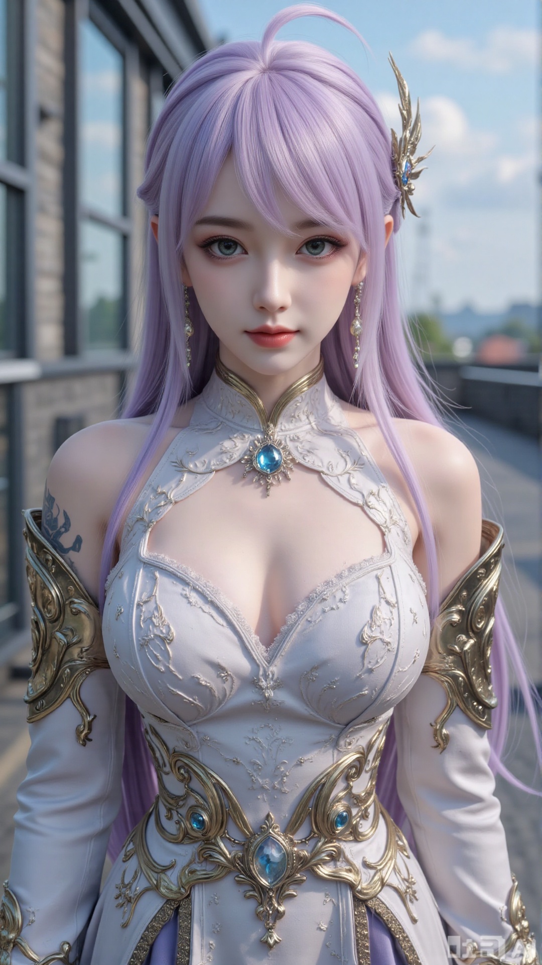 1girl, long hair, solo, dress, hair bun, hair ornament, mischevious smile, perfect body, scenery, sharp focus, best quality, masterpiece, detailed outfit, illustration, perfect eyes, finely detailed beautiful anime eyes, realistic skin, intricate details, best lighting, depth of field, ultra high resolution, cowboy shot