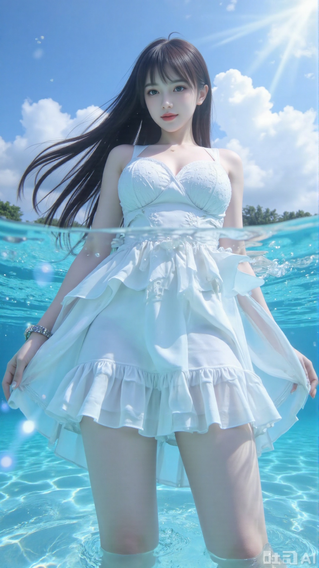 masterpiece,very aware,highres,absurdres,newest,best quality,high quality,chromatic_aberration,cinematic_angle,dutch angle, 1girl, dress, solo, long hair, cloud, sky, white dress, looking at viewer, breasts, outdoors, bare shoulders, water, partially underwater shot, strapless, wading, blue sky, day, strapless dress, medium breasts, closed mouth, smile, frilled dress, standing, wind lift, blush, floating hair, collarbone, feet out of frame, groin, sundress, frills, wind, floating clothes, cloudy sky, ocean, thighs, partially submerged, panty peek, bare arms, underwear, wet, sunlight, swept bangs, water drop, very long hair, clothes lift, sidelocks, dutch angle, from below, bubble, dress lift, caustics, upskirt, short dress, wet clothes, sleeveless dress, summer, sleeveless, light rays, refraction, bare legs, crystal,  glint, light smile, sparkle, armpit crease