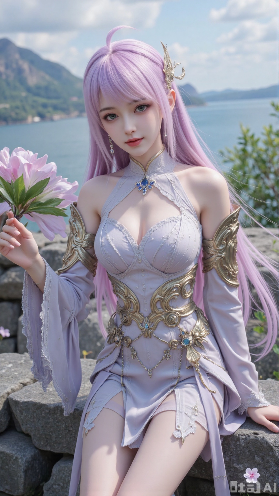 1girl, long hair, solo, dress, hair bun, hair ornament, mischevious smile, perfect body, scenery, sharp focus, best quality, masterpiece, detailed outfit, illustration, perfect eyes, finely detailed beautiful anime eyes, realistic skin, intricate details, best lighting, depth of field, ultra high resolution, sitting