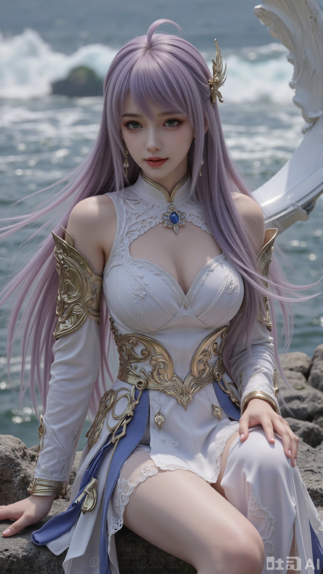 1girl, long hair, solo, dress, hair bun, hair ornament, mischevious smile, perfect body, scenery, sharp focus, best quality, masterpiece, detailed outfit, illustration, perfect eyes, finely detailed beautiful anime eyes, realistic skin, intricate details, best lighting, depth of field, ultra high resolution, sitting