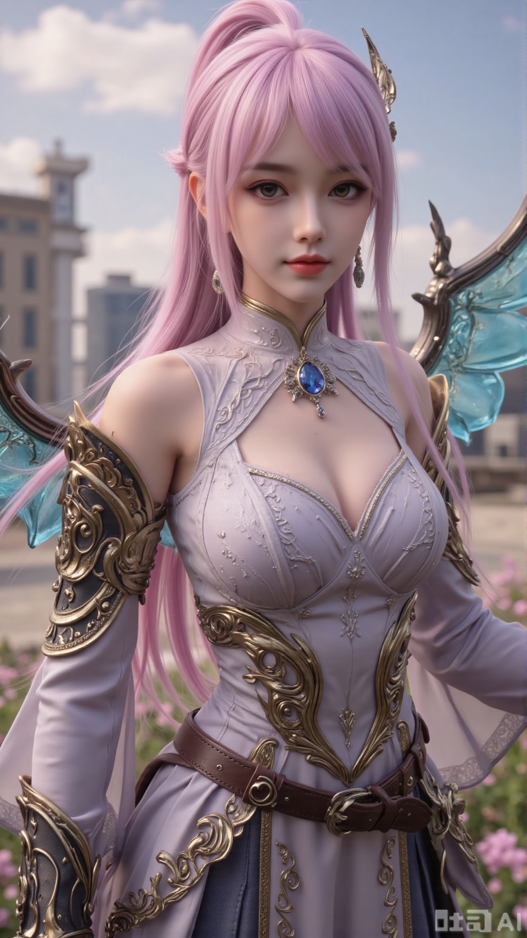 1girl, long hair, solo, dress, hair bun, hair ornament, mischevious smile, perfect body, scenery, sharp focus, best quality, masterpiece, detailed outfit, illustration, perfect eyes, finely detailed beautiful anime eyes, realistic skin, intricate details, best lighting, depth of field, ultra high resolution, cowboy shot