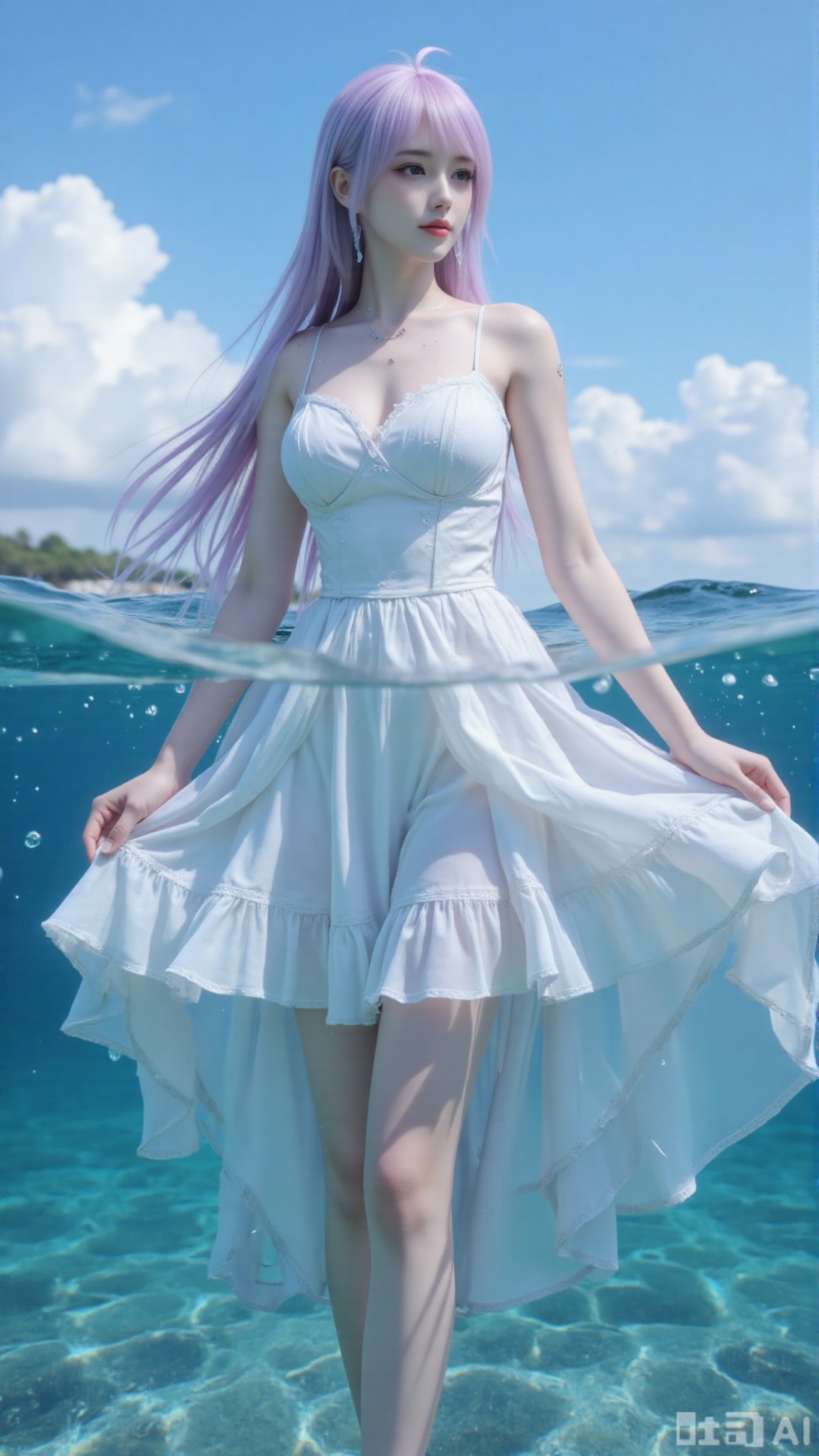 masterpiece,very aware,highres,absurdres,newest,best quality,high quality,chromatic_aberration,cinematic_angle,dutch angle, 1girl, dress, solo, long hair, cloud, sky, white dress, looking at viewer, breasts, outdoors, bare shoulders, water, partially underwater shot, strapless, wading, blue sky, day, strapless dress, medium breasts, closed mouth, smile, frilled dress, standing, wind lift, blush, floating hair, collarbone, feet out of frame, groin, sundress, frills, wind, floating clothes, cloudy sky, ocean, thighs, partially submerged, panty peek, bare arms, underwear, wet, sunlight, swept bangs, water drop, very long hair, clothes lift, sidelocks, dutch angle, from below, bubble, dress lift, caustics, upskirt, short dress, wet clothes, sleeveless dress, summer, sleeveless, light rays, refraction, bare legs, crystal,  glint, light smile, sparkle, armpit crease