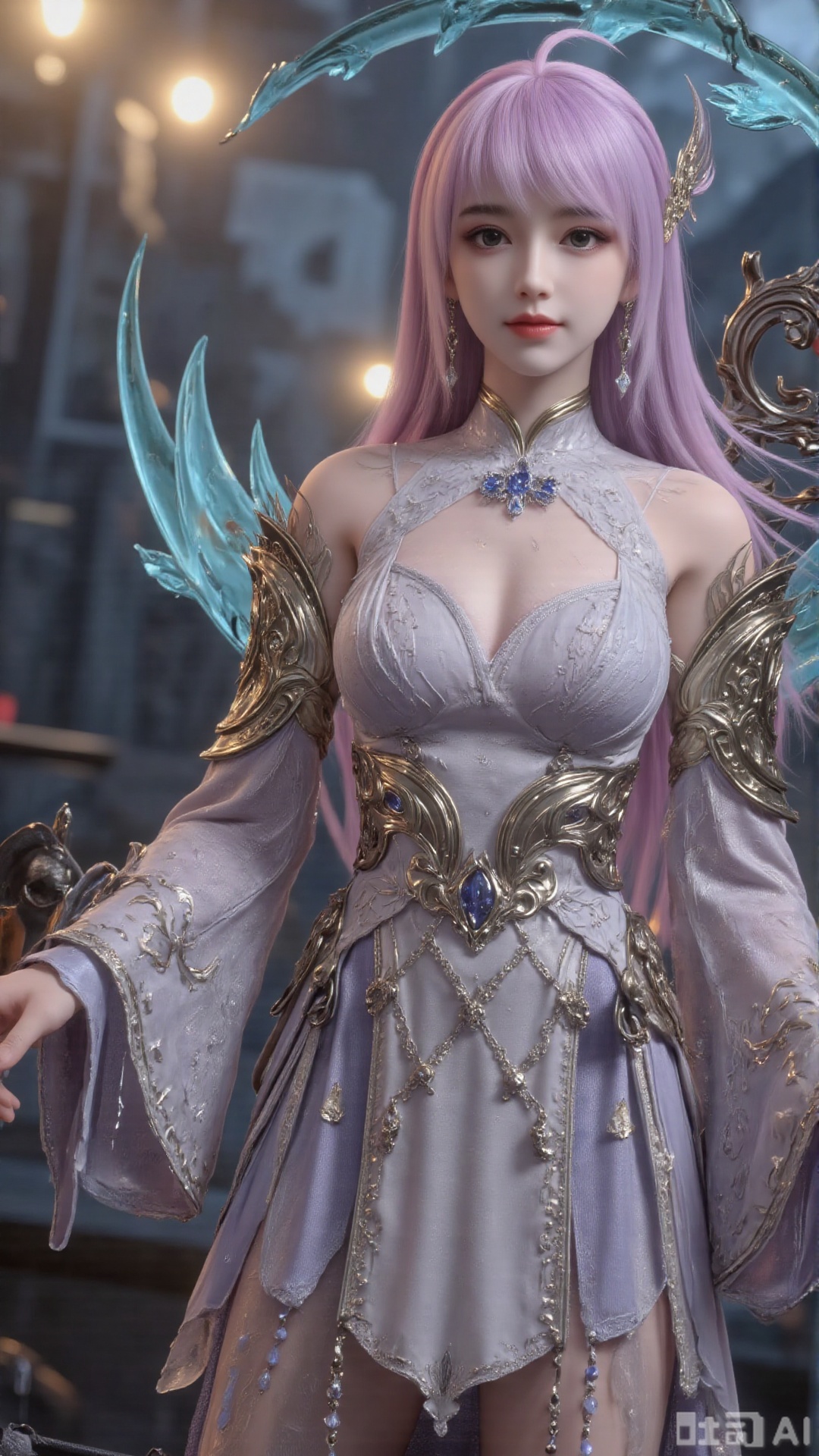 1girl, long hair, solo, dress, hair bun, hair ornament, mischevious smile, perfect body, scenery, sharp focus, best quality, masterpiece, detailed outfit, illustration, perfect eyes, finely detailed beautiful anime eyes, realistic skin, intricate details, best lighting, depth of field, ultra high resolution, sitting