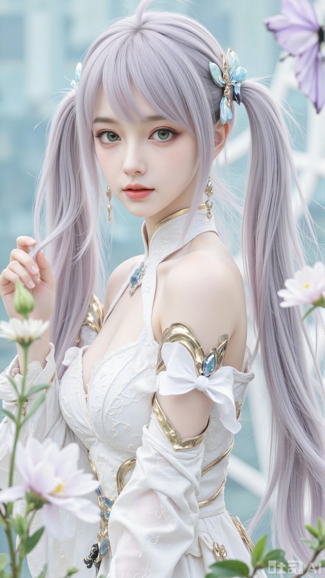 1girl, solo, long hair, looking at viewer, bangs, hair ornament, dress, ribbon, hair between eyes, bare shoulders, twintails, very long hair, green eyes, flower, grey hair, cowboy shot, parted lips, hair flower, off shoulder, white dress, from side, bug, white flower, butterfly, hair rings, off-shoulder dress