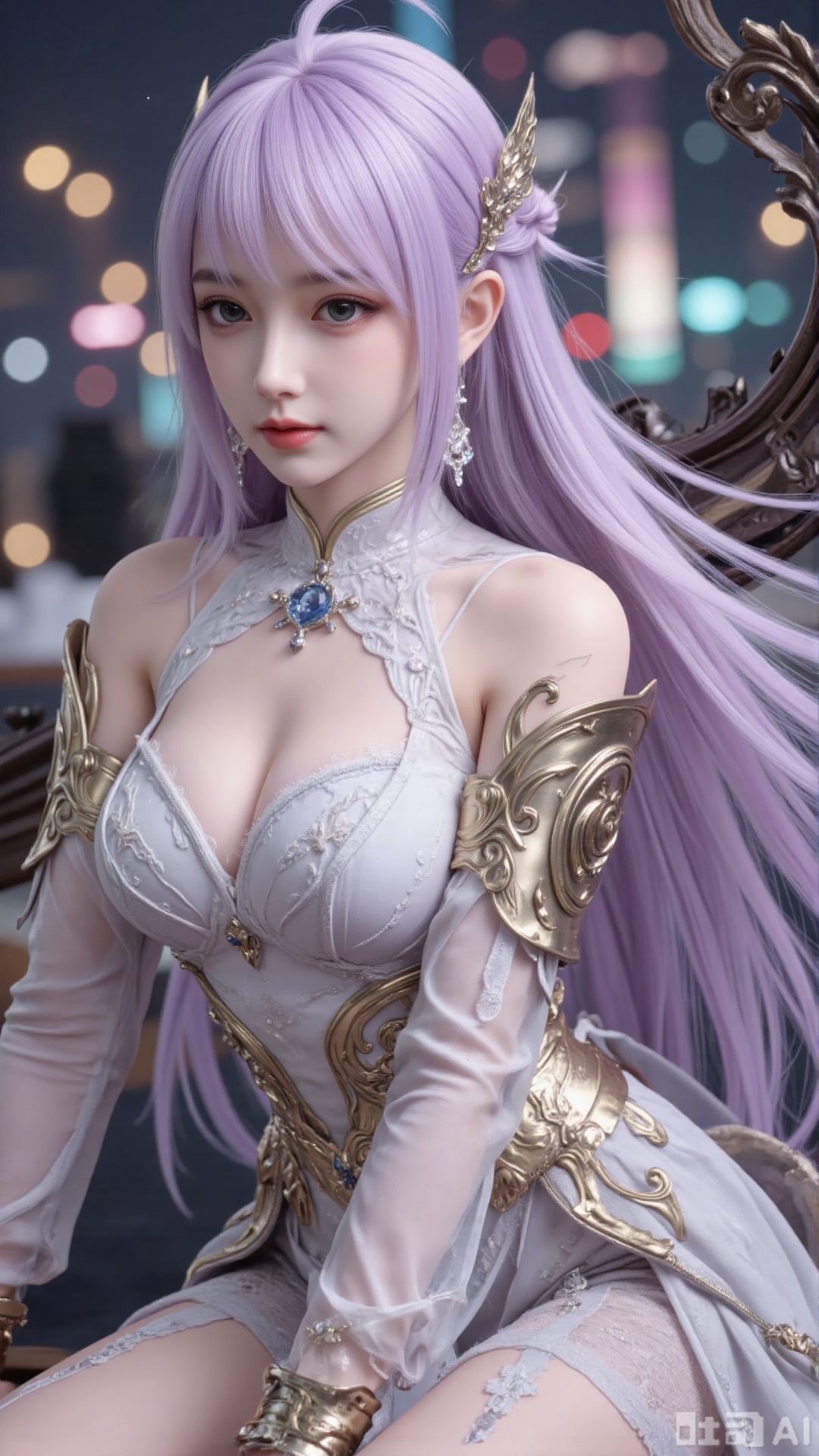 1girl, long hair, solo, dress, hair bun, hair ornament, mischevious smile, perfect body, scenery, sharp focus, best quality, masterpiece, detailed outfit, illustration, perfect eyes, finely detailed beautiful anime eyes, realistic skin, intricate details, best lighting, depth of field, ultra high resolution, sitting