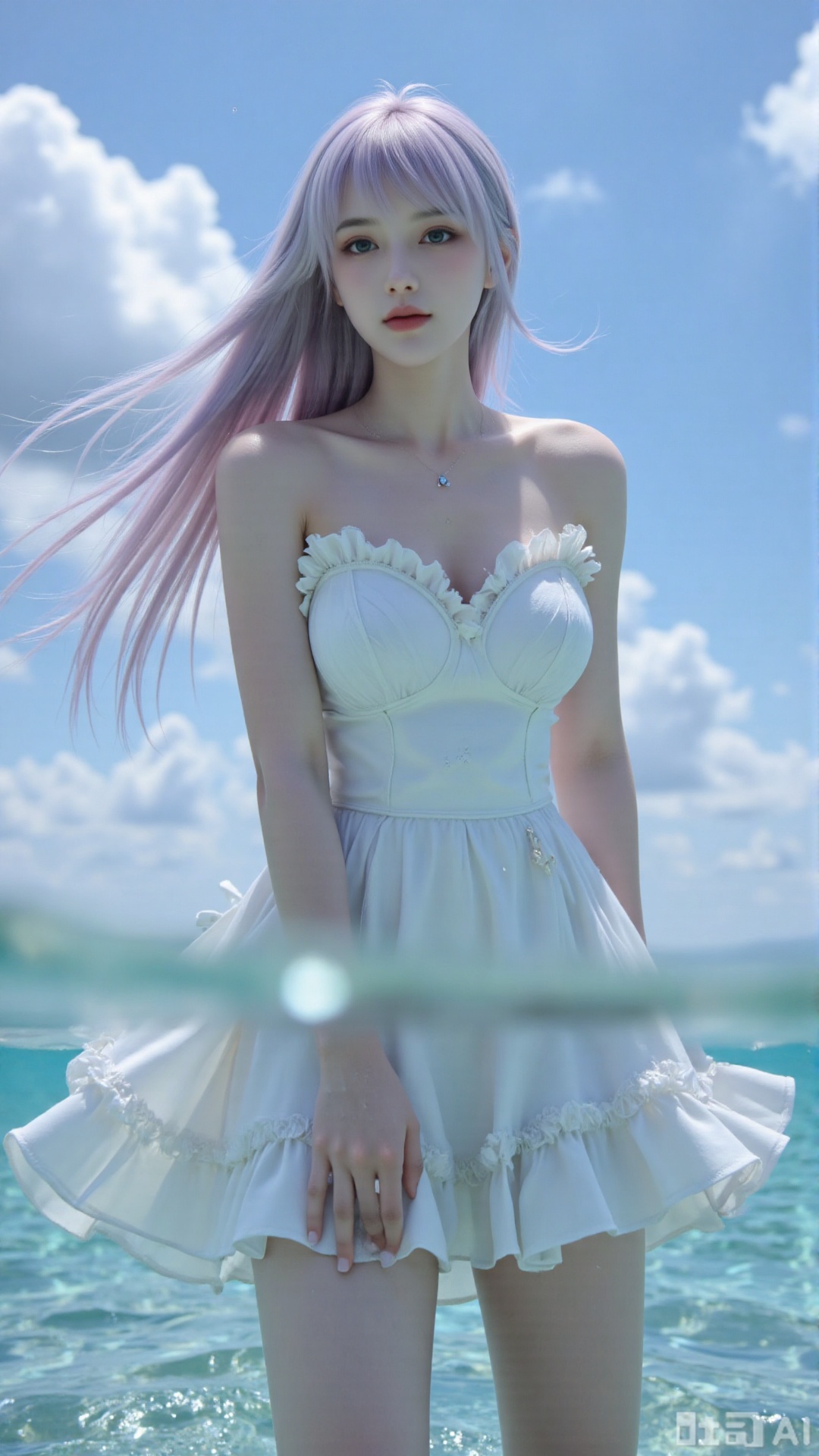 masterpiece,very aware,highres,absurdres,newest,best quality,high quality,chromatic_aberration,cinematic_angle,dutch angle, 1girl, dress, solo, long hair, cloud, sky, white dress, looking at viewer, breasts, outdoors, bare shoulders, water, partially underwater shot, strapless, wading, blue sky, day, strapless dress, medium breasts, closed mouth, smile, frilled dress, standing, wind lift, blush, floating hair, collarbone, feet out of frame, groin, sundress, frills, wind, floating clothes, cloudy sky, ocean, thighs, partially submerged, panty peek, bare arms, underwear, wet, sunlight, swept bangs, water drop, very long hair, clothes lift, sidelocks, dutch angle, from below, bubble, dress lift, caustics, upskirt, short dress, wet clothes, sleeveless dress, summer, sleeveless, light rays, refraction, bare legs, crystal,  glint, light smile, sparkle, armpit crease
