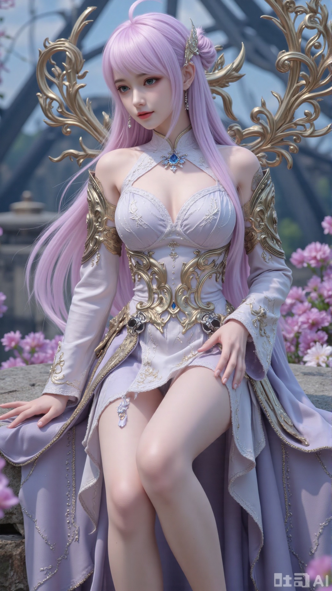 1girl, long hair, solo, dress, hair bun, hair ornament, mischevious smile, perfect body, scenery, sharp focus, best quality, masterpiece, detailed outfit, illustration, perfect eyes, finely detailed beautiful anime eyes, realistic skin, intricate details, best lighting, depth of field, ultra high resolution, sitting