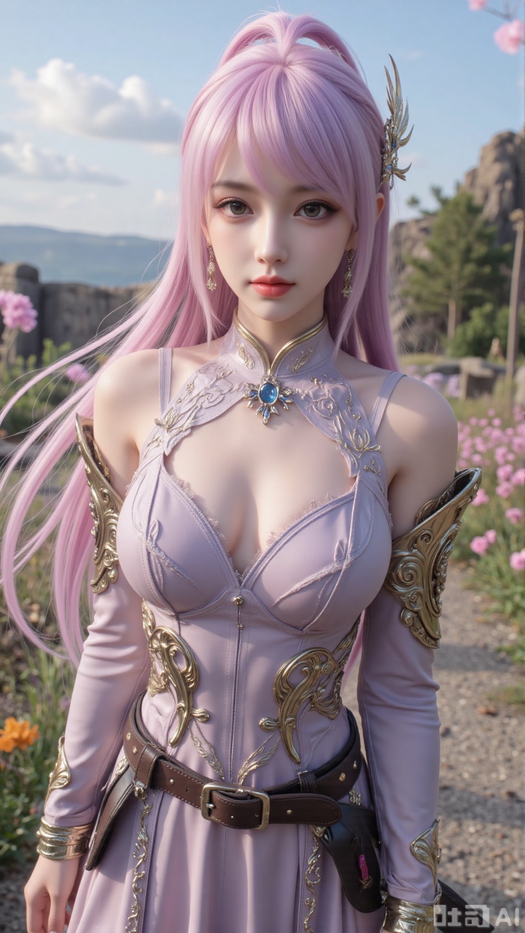 1girl, long hair, solo, dress, hair bun, hair ornament, mischevious smile, perfect body, scenery, sharp focus, best quality, masterpiece, detailed outfit, illustration, perfect eyes, finely detailed beautiful anime eyes, realistic skin, intricate details, best lighting, depth of field, ultra high resolution, cowboy shot
