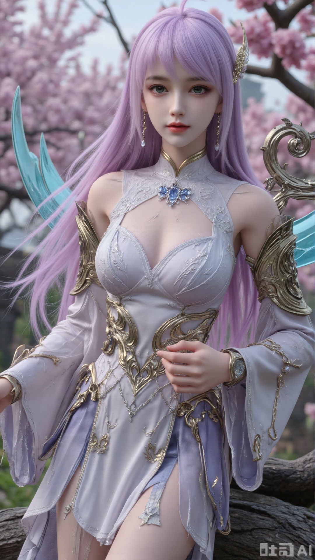 1girl, long hair, solo, dress, hair bun, hair ornament, mischevious smile, perfect body, scenery, sharp focus, best quality, masterpiece, detailed outfit, illustration, perfect eyes, finely detailed beautiful anime eyes, realistic skin, intricate details, best lighting, depth of field, ultra high resolution, sitting