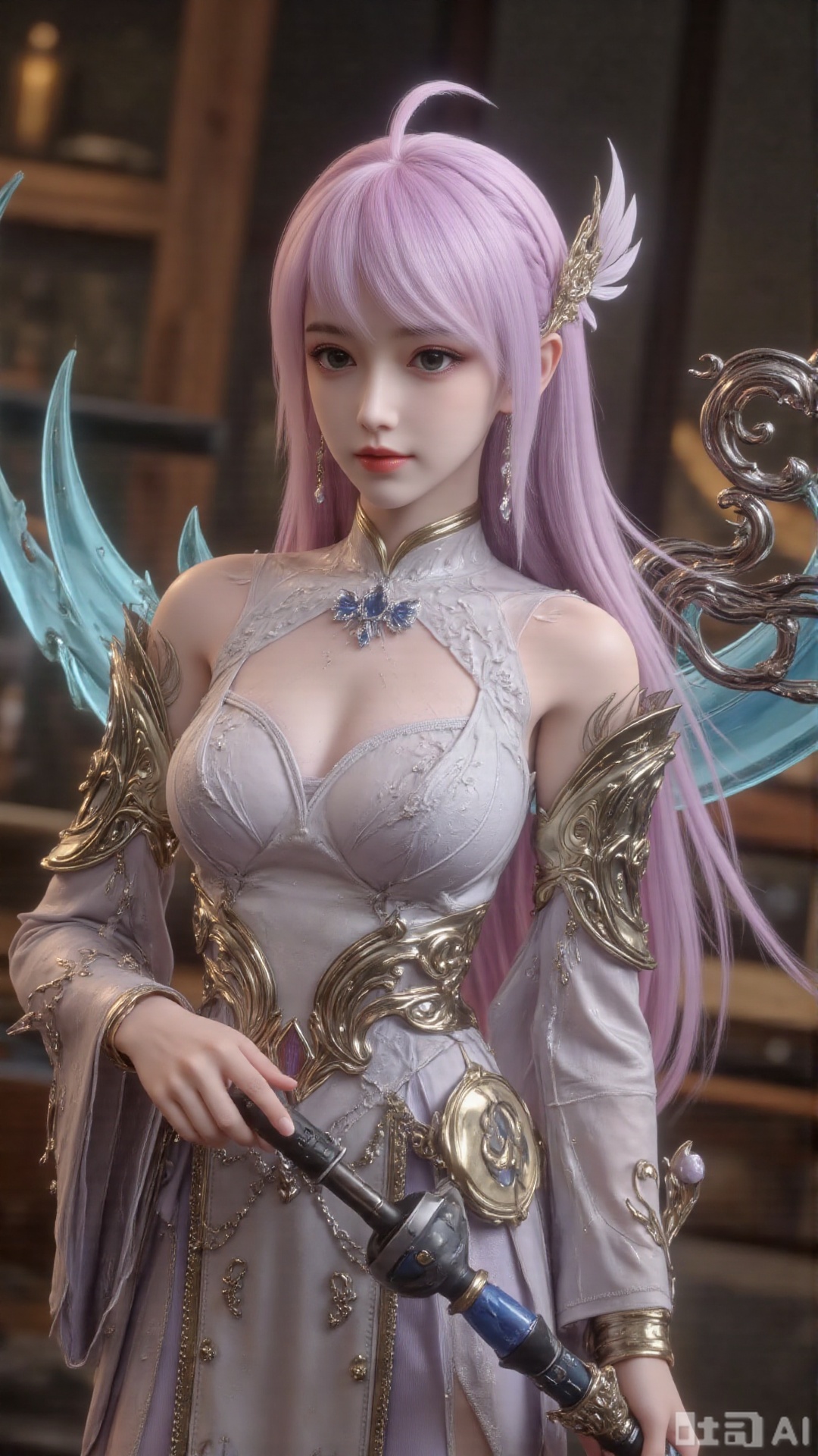 1girl, long hair, solo, dress, hair bun, hair ornament, mischevious smile, perfect body, scenery, sharp focus, best quality, masterpiece, detailed outfit, illustration, perfect eyes, finely detailed beautiful anime eyes, realistic skin, intricate details, best lighting, depth of field, ultra high resolution, cowboy shot
