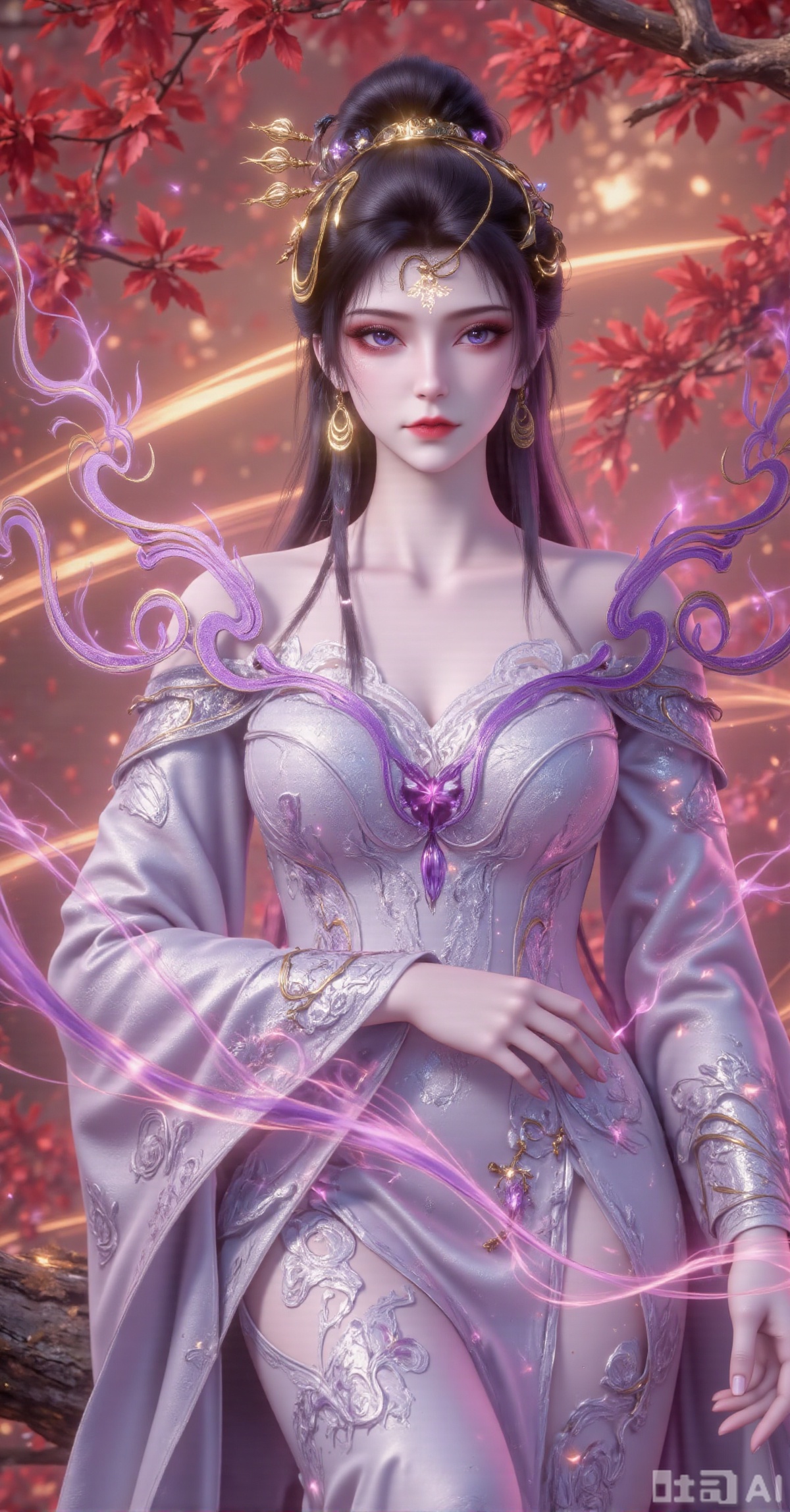 "An ethereal Eastern woman wears a silver-gray off-shoulder gown with intricate embroidery, accented by gold trimmings at shoulders and cuffs. Her elaborate updo features ornate golden headpieces and tasseled earrings, a floral forehead pendant dangling. Violet energy sigils swirl around her form like mist. The blurred autumn forest backdrop glows with hazy crimson foliage and golden light beams. Dominant silver, gilt and purple palette under mystical lighting. 8K resolution highlights embroidery details, energy particles and metal reflections for a 'celestial aura' xianxia vibe."