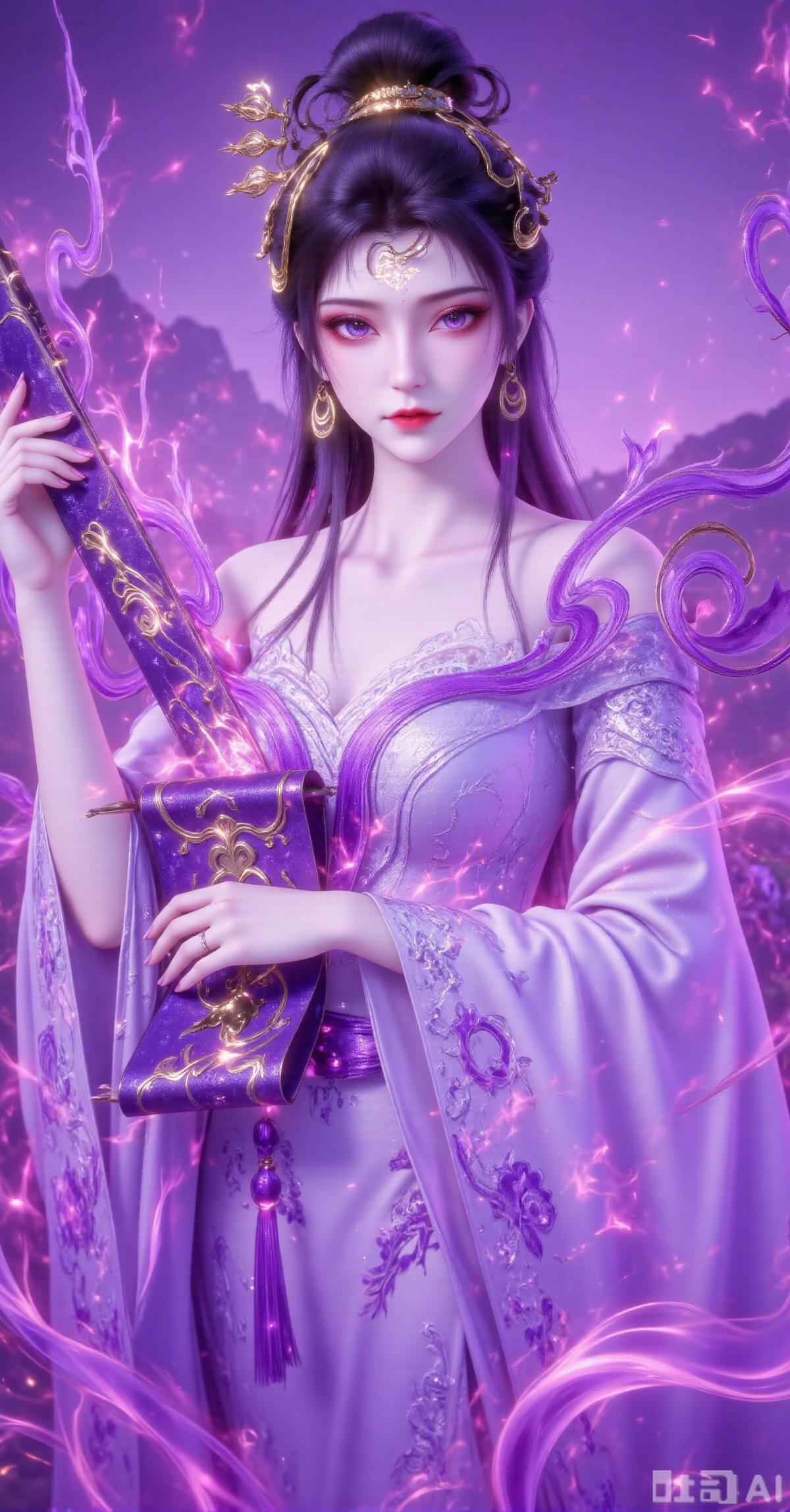 "An elegant Eastern woman wears a pale purple ancient-style gown embroidered with dark gold cloud motifs, its V-neckline framing slender collarbones. Her intricate updo features ornate golden headpieces with pearl tassels, a violet floral marking gracing her forehead. Defined makeup with deep purple eyeshadow elongates her phoenix eyes, complemented by bold red lips. She cradles a glowing violet scroll radiating pink aura, surrounded by swirling gold-veined purple energy patterns. The hazy amethyst backdrop reveals faint mountain silhouettes. Dominant purple and gold palette under mystical lighting. 8K resolution highlights embroidery details, scroll luminescence and energy trails for a 'celestial aura' xianxia aesthetic."