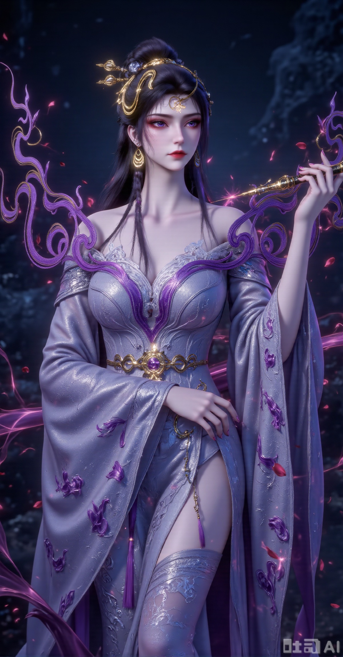 "An enigmatic Eastern woman wears a gold phoenix crown with sapphires and pearl tassels, her striking makeup featuring sharp red lips and piercing eyes. The pale gray off-shoulder robe with violet fretwork embroidery is belted with silver mesh, layered with translucent dark gray gauze sleeves jingling with golden bells. She wields a gilded lotus-patterned staff emitting violet mystic mist. The slate-blue void backdrop drifts with blood-red petals. Dominant cool tones of steel blue, plum and gilt under dramatic lighting. 8K resolution highlights crown reflections, energy particles and sheer fabric for a 'thunder-at-fingertips' cultivation aura."