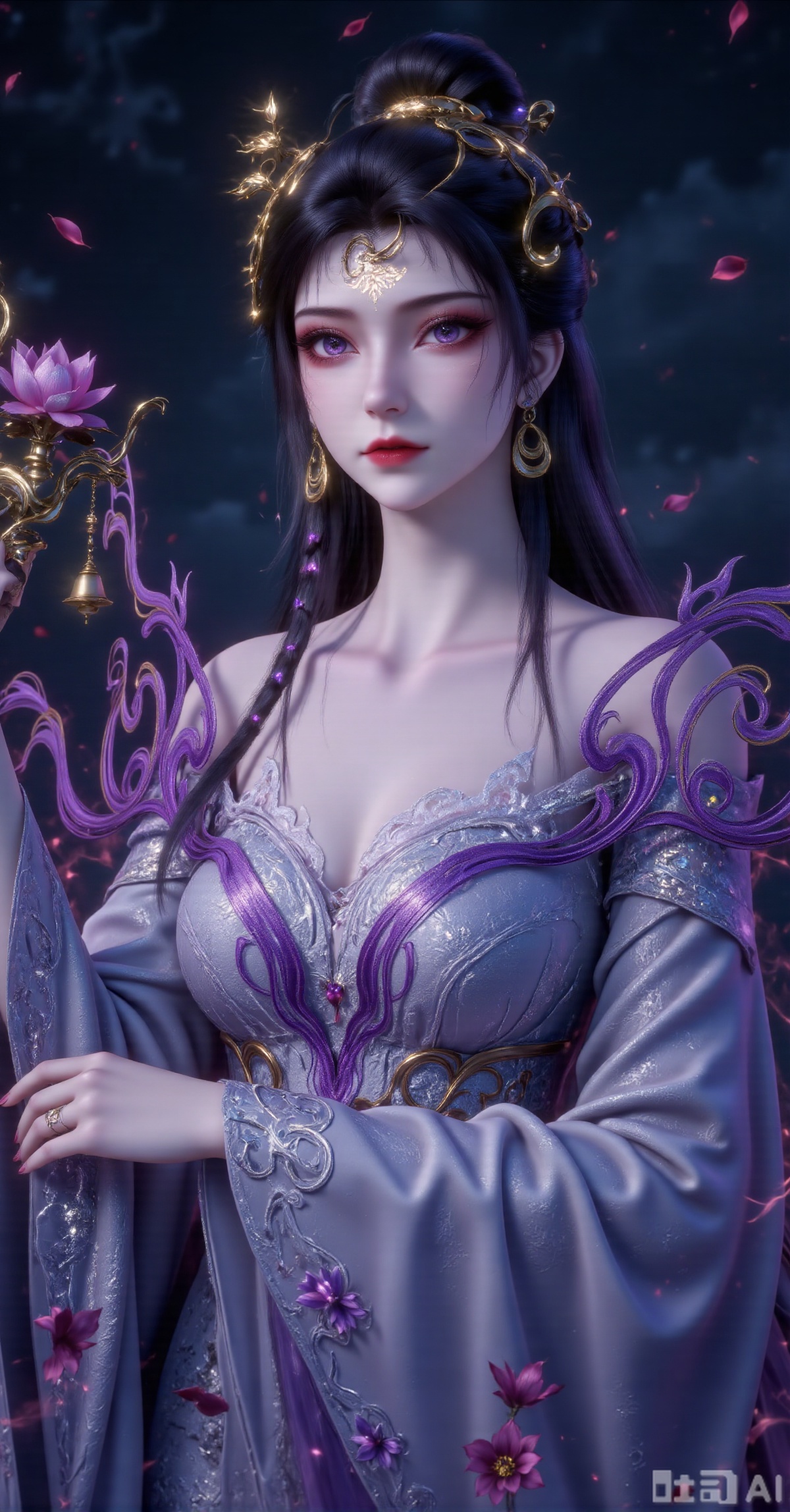 "An enigmatic Eastern woman wears a gold phoenix crown with sapphires and pearl tassels, her striking makeup featuring sharp red lips and piercing eyes. The pale gray off-shoulder robe with violet fretwork embroidery is belted with silver mesh, layered with translucent dark gray gauze sleeves jingling with golden bells. She wields a gilded lotus-patterned staff emitting violet mystic mist. The slate-blue void backdrop drifts with blood-red petals. Dominant cool tones of steel blue, plum and gilt under dramatic lighting. 8K resolution highlights crown reflections, energy particles and sheer fabric for a 'thunder-at-fingertips' cultivation aura."