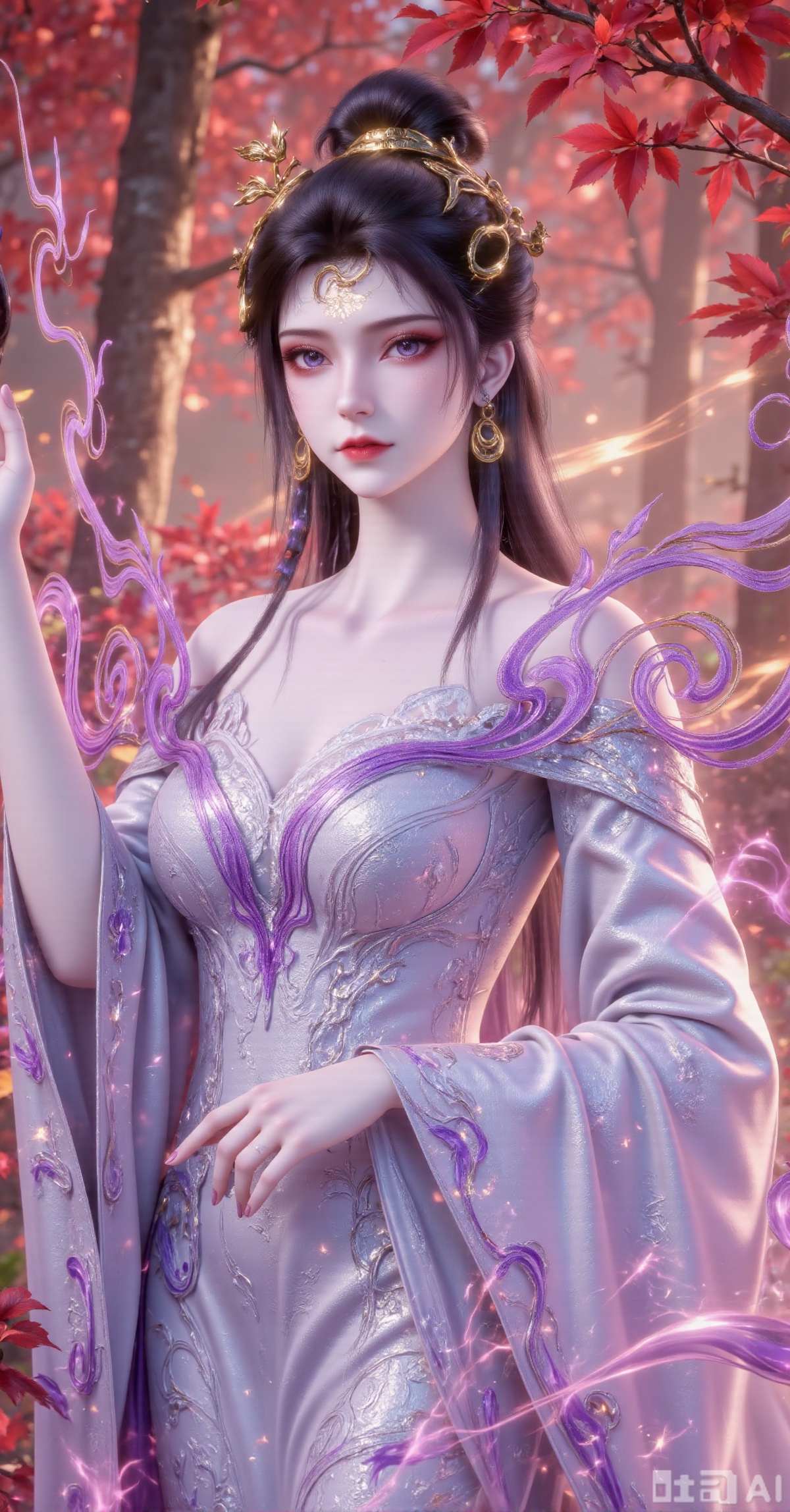 "An ethereal Eastern woman wears a silver-gray off-shoulder gown with intricate embroidery, accented by gold trimmings at shoulders and cuffs. Her elaborate updo features ornate golden headpieces and tasseled earrings, a floral forehead pendant dangling. Violet energy sigils swirl around her form like mist. The blurred autumn forest backdrop glows with hazy crimson foliage and golden light beams. Dominant silver, gilt and purple palette under mystical lighting. 8K resolution highlights embroidery details, energy particles and metal reflections for a 'celestial aura' xianxia vibe."