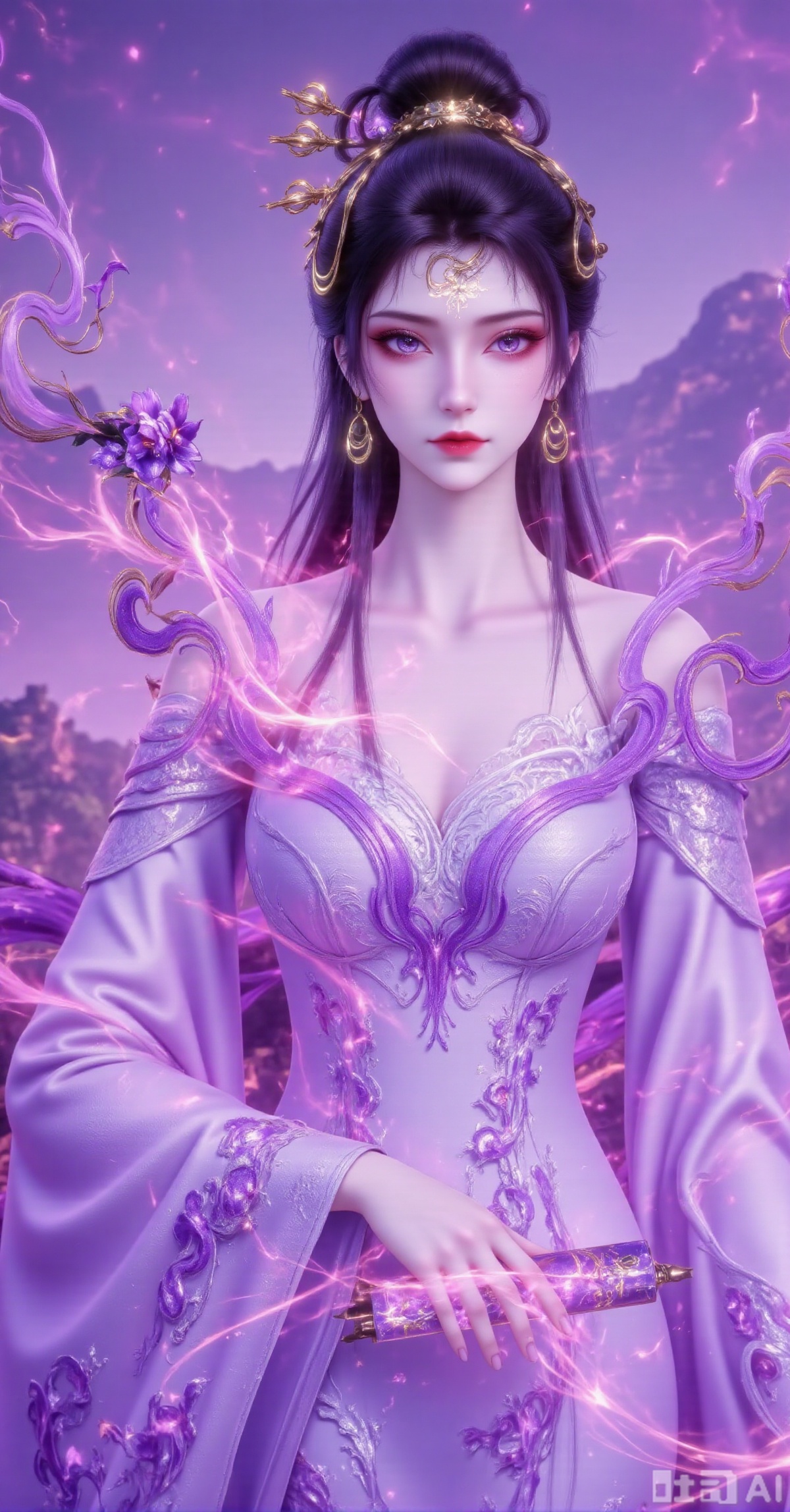 "An elegant Eastern woman wears a pale purple ancient-style gown embroidered with dark gold cloud motifs, its V-neckline framing slender collarbones. Her intricate updo features ornate golden headpieces with pearl tassels, a violet floral marking gracing her forehead. Defined makeup with deep purple eyeshadow elongates her phoenix eyes, complemented by bold red lips. She cradles a glowing violet scroll radiating pink aura, surrounded by swirling gold-veined purple energy patterns. The hazy amethyst backdrop reveals faint mountain silhouettes. Dominant purple and gold palette under mystical lighting. 8K resolution highlights embroidery details, scroll luminescence and energy trails for a 'celestial aura' xianxia aesthetic."
