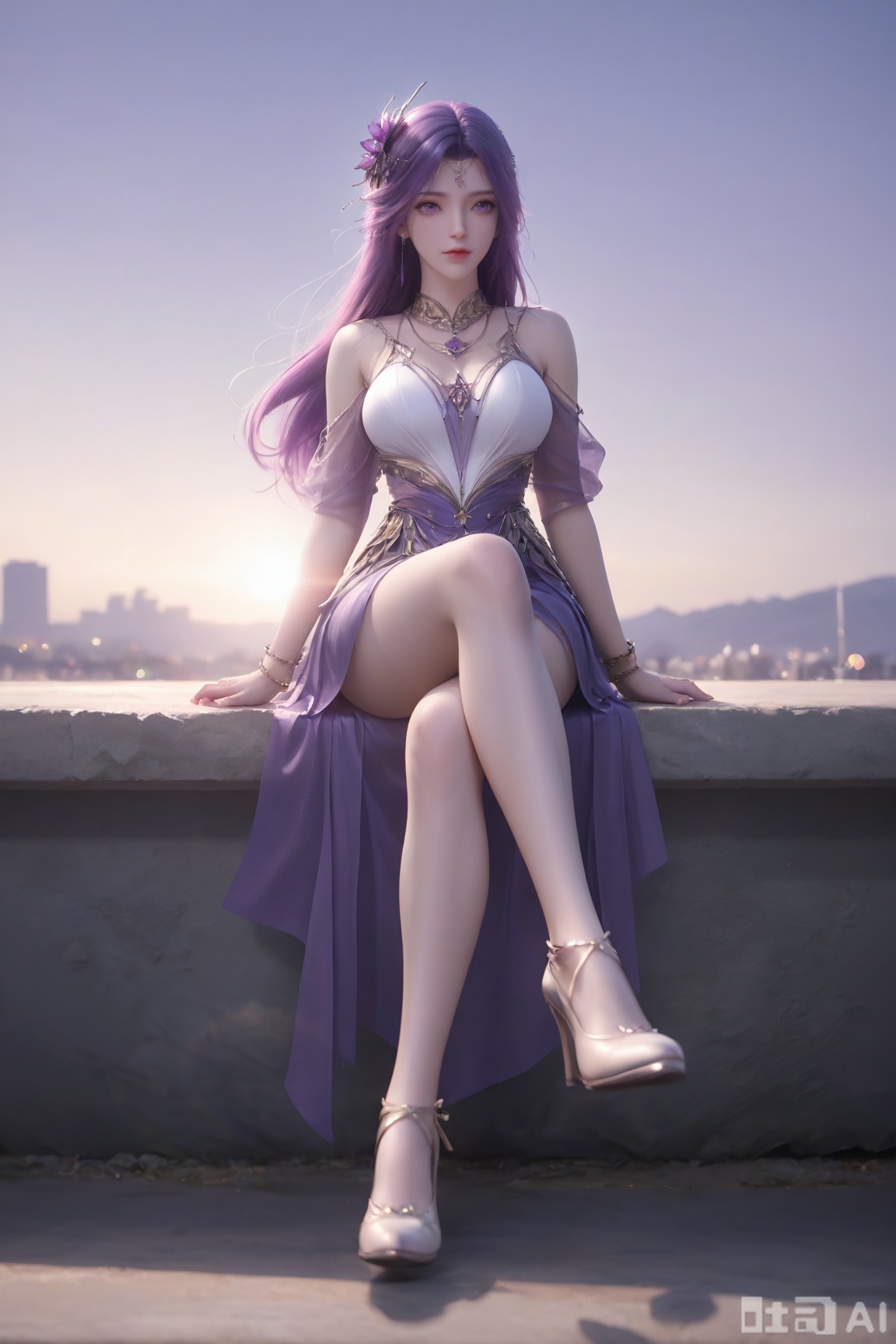 1girl, solo, long hair, skirt, hair ornament, dress, jewelry, sitting, full body, purple hair, sky, high heels, bare legs, crossed legs,, expressionless,,Semi_Realistic,
masterpiece, 8k, hd, amazing quality, best quality, high resolution, goldenfieldszho, newest, very aesthetic, ultra-detailed, absurdres, perfect lighting, volumetric lighting, (good shadowing), depth of field, lens flare, scenery, amazing aesthetics, cinematic lighting, cinematic, shading, counter_shading, ,handsome,interesting,good colors, 