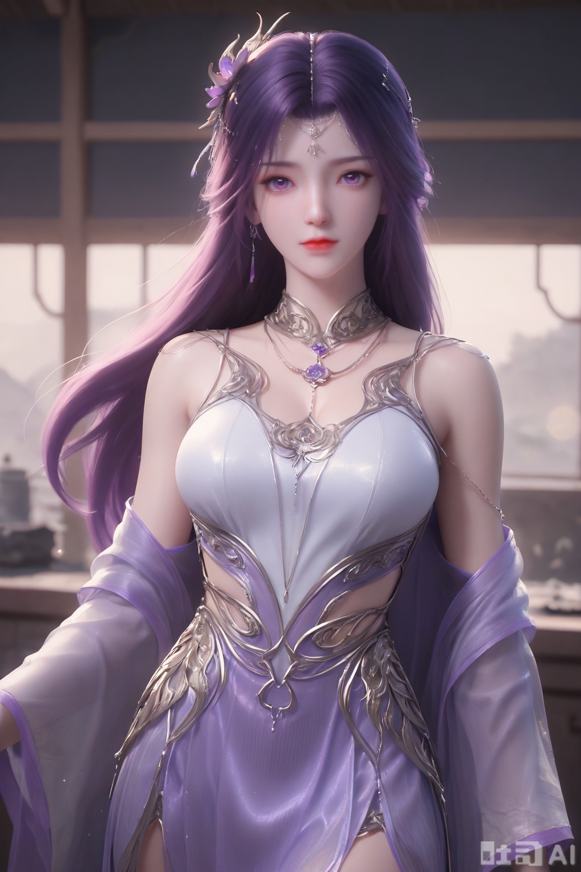 1girl, solo, long hair, looking at viewer, hair ornament, dress, jewelry, closed mouth, purple eyes, upper body, purple hair, shiny, necklace, shiny hair, expressionless,chinese clothes, Semi_Realistic,
masterpiece, 8k, hd, amazing quality, best quality, high resolution, goldenfieldszho, newest, very aesthetic, ultra-detailed, absurdres, perfect lighting, volumetric lighting, (good shadowing), depth of field, lens flare, scenery, amazing aesthetics, cinematic lighting, cinematic, shading, counter_shading, ,handsome,interesting,good colors, 