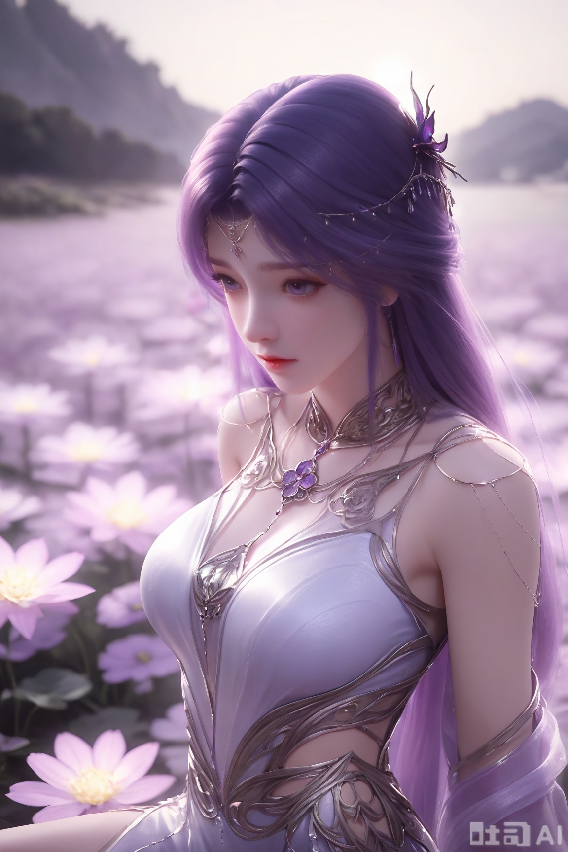 1girl, solo, long hair, hair ornament, dress, jewelry, sitting, closed mouth, upper body, purple hair, flower, blurry, blurry background, expressionless,,Semi_Realistic,
masterpiece, 8k, hd, amazing quality, best quality, high resolution, goldenfieldszho, newest, very aesthetic, ultra-detailed, absurdres, perfect lighting, volumetric lighting, (good shadowing), depth of field, lens flare, scenery, amazing aesthetics, cinematic lighting, cinematic, shading, counter_shading, ,handsome,interesting,good colors, 