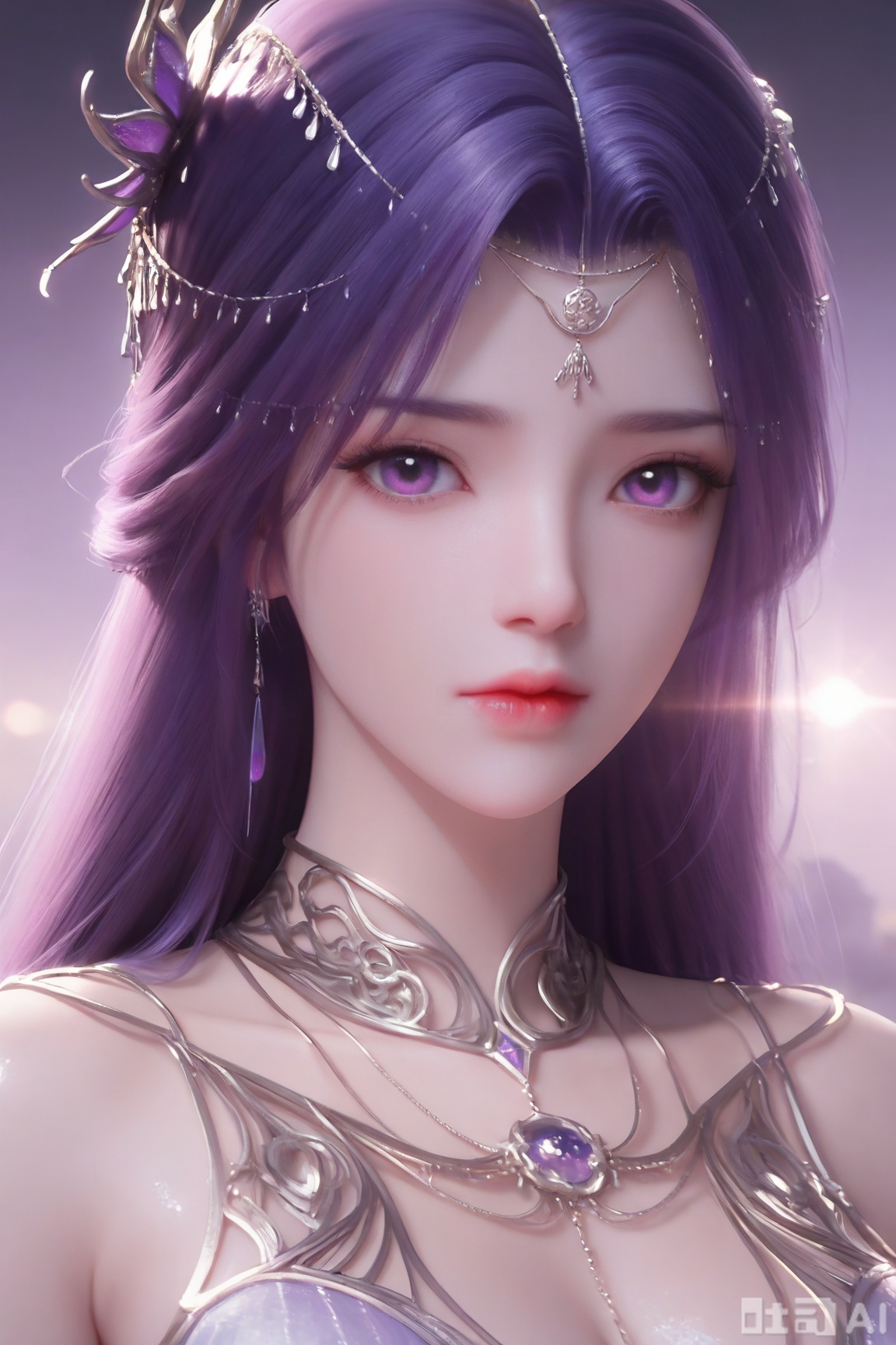1girl, solo, long hair, looking at viewer, hair ornament, dress, jewelry, closed mouth, purple eyes, upper body, purple hair, shiny, necklace, shiny hair, expressionless,Semi_Realistic,
masterpiece, 8k, hd, amazing quality, best quality, high resolution, goldenfieldszho, newest, very aesthetic, ultra-detailed, absurdres, perfect lighting, volumetric lighting, (good shadowing), depth of field, lens flare, scenery, amazing aesthetics, cinematic lighting, cinematic, shading, counter_shading, ,handsome,interesting,good colors, 