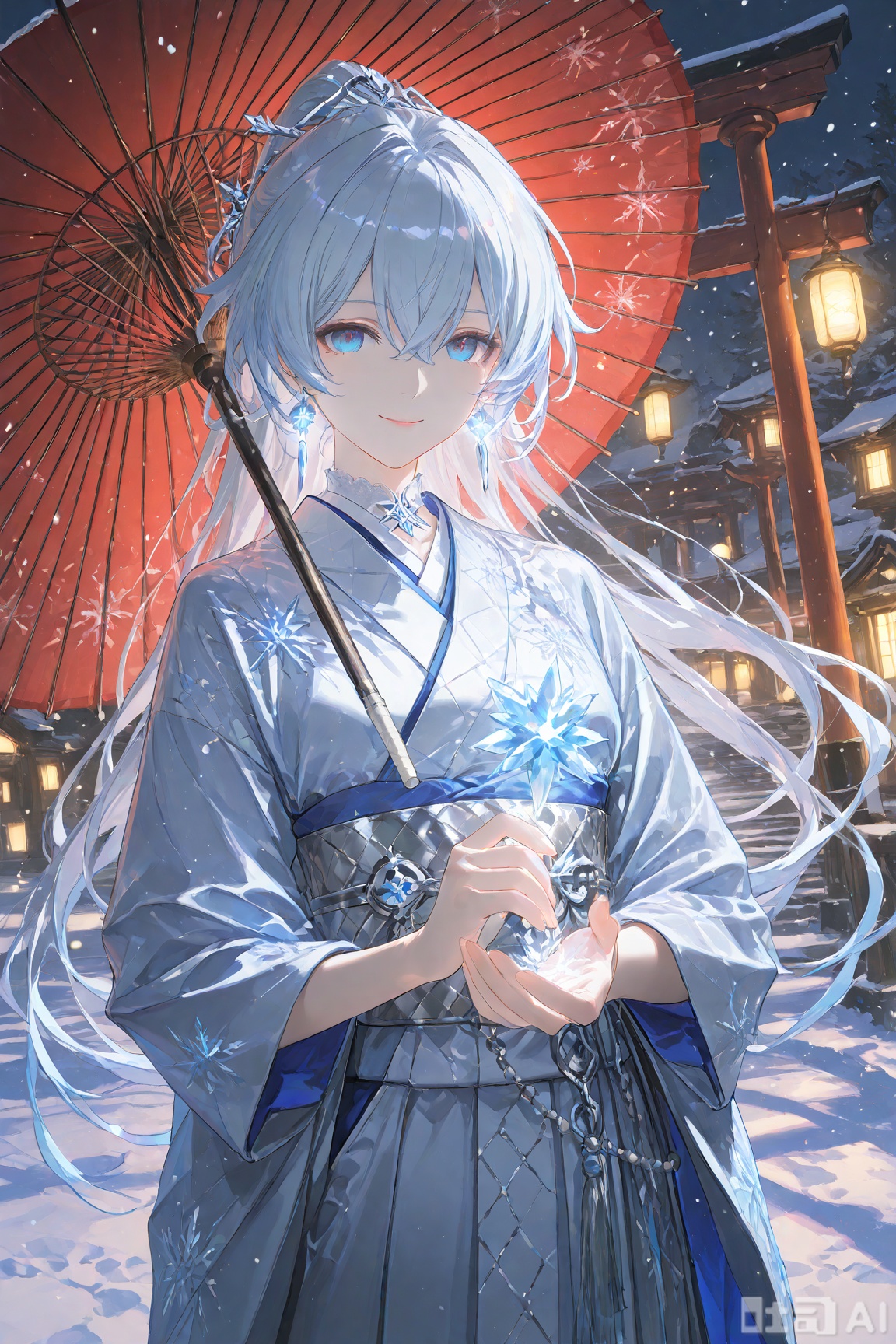 Masterpiece Wallpaper Art​A close-up front view of Seriya (from Honkai Impact 3rd 洪海冲击3) in a snow-covered traditional Japanese street scene, where stone paths are flanked by wooden townhouses adorned with ice-crystal-encrusted azure-white paper lanterns, and frost-laden sakura petals drift from the eaves. Her silver-white hair, tied high in a ponytail, is interwoven with crystalline ice strands, and she wears an azure-white stand-collar kimono embroidered with intricate frost patterns, its silk fabric shimmering with pearl-like luster. A silver obi belt, edged with snowflake-etched golden ornaments, cinches her waist. In her hand, she holds a paper umbrella veiled in frost, its surface dusted with thin ice crystals, while her ice-blue eyes—with irises textured like snowflakes—gaze sharply through the falling snow, lips pressed into an elegant, slightly upturned smile. Enhanced details include her kimono hem’s elongated shadow, fringed with fractal ice particles; frozen sakura petals refracting rainbow light at the umbrella’s spokes; prismatic glimmers on the silk fabric from the lantern glow; and a distant frozen torii gate ruin in the background. The style is an anime-inspired illustration with a 16:9 aspect ratio, dominated by a crystal-blue-and-white color palette accented with pearl tones, under dramatic volumetric snow lighting with subtle glow effects.